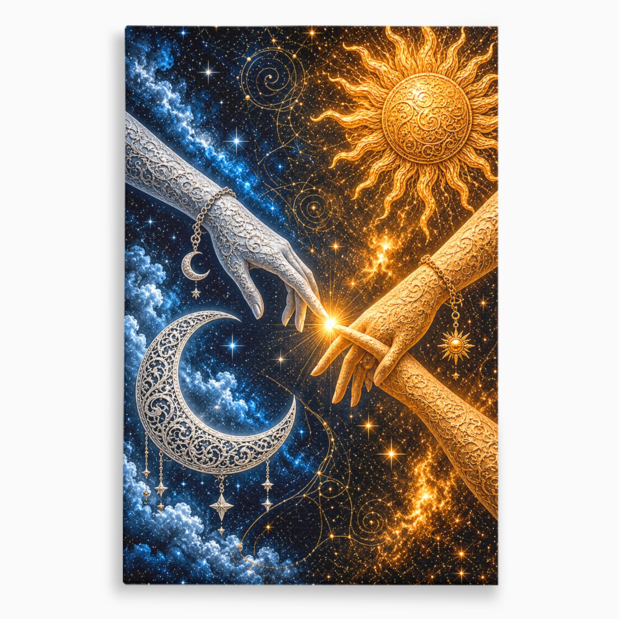 Tablou Canvas Premium LuxCanva® U1198, Atingerea Cosmica, Soare, Luna, Mistic, Univers, Dormitor, Living, Culori Vibrante