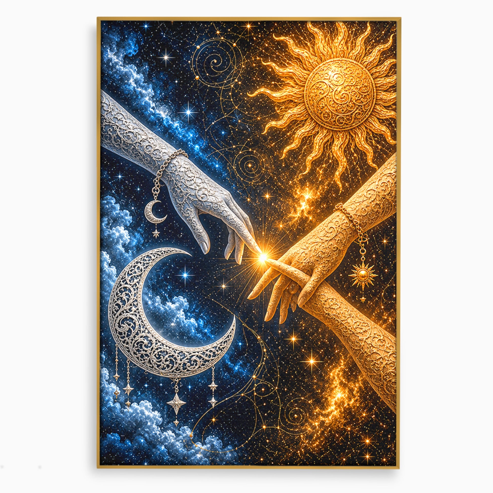 Tablou Canvas Premium LuxCanva® U1198, Atingerea Cosmica, Soare, Luna, Mistic, Univers, Dormitor, Living, Culori Vibrante