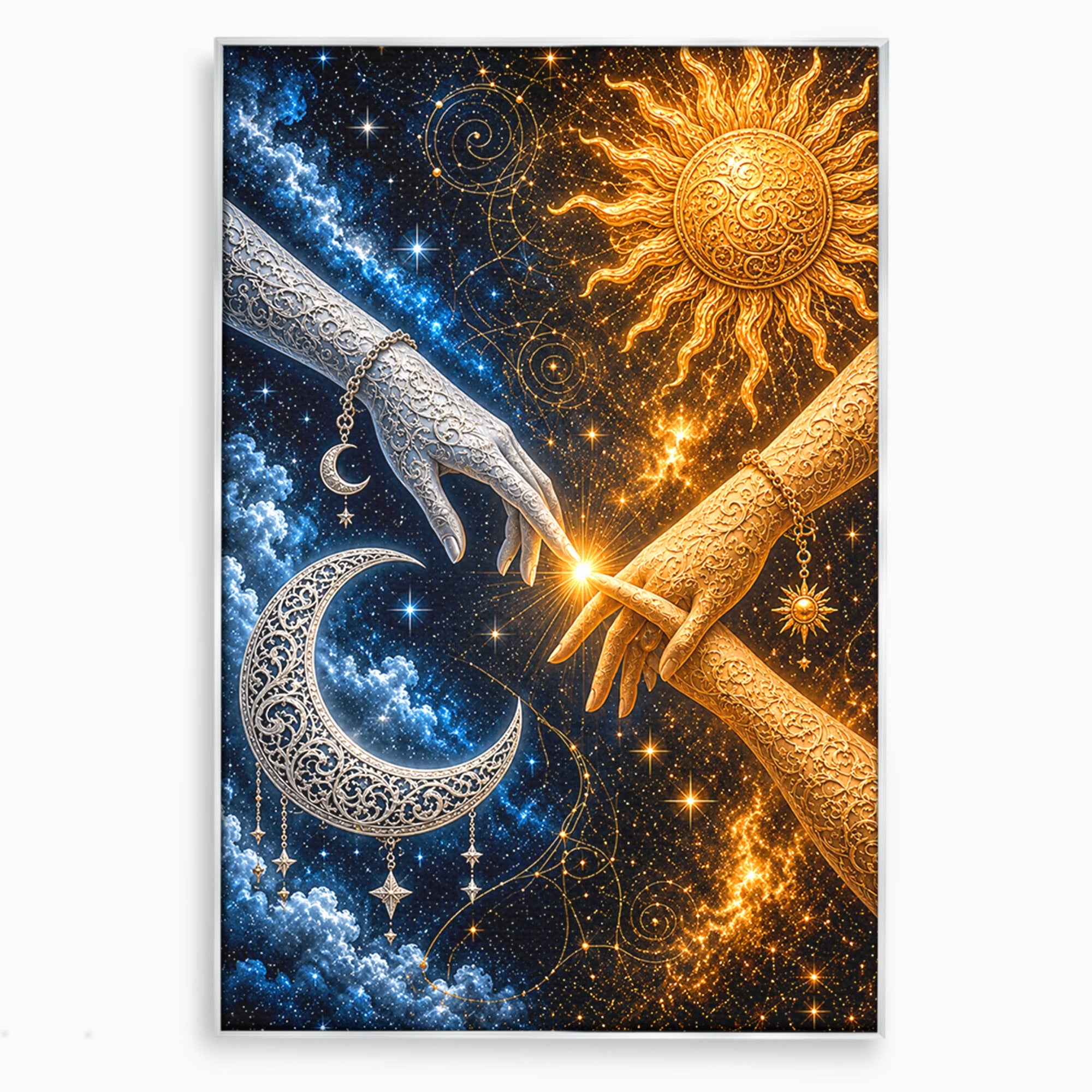 Tablou Canvas Premium LuxCanva® U1198, Atingerea Cosmica, Soare, Luna, Mistic, Univers, Dormitor, Living, Culori Vibrante