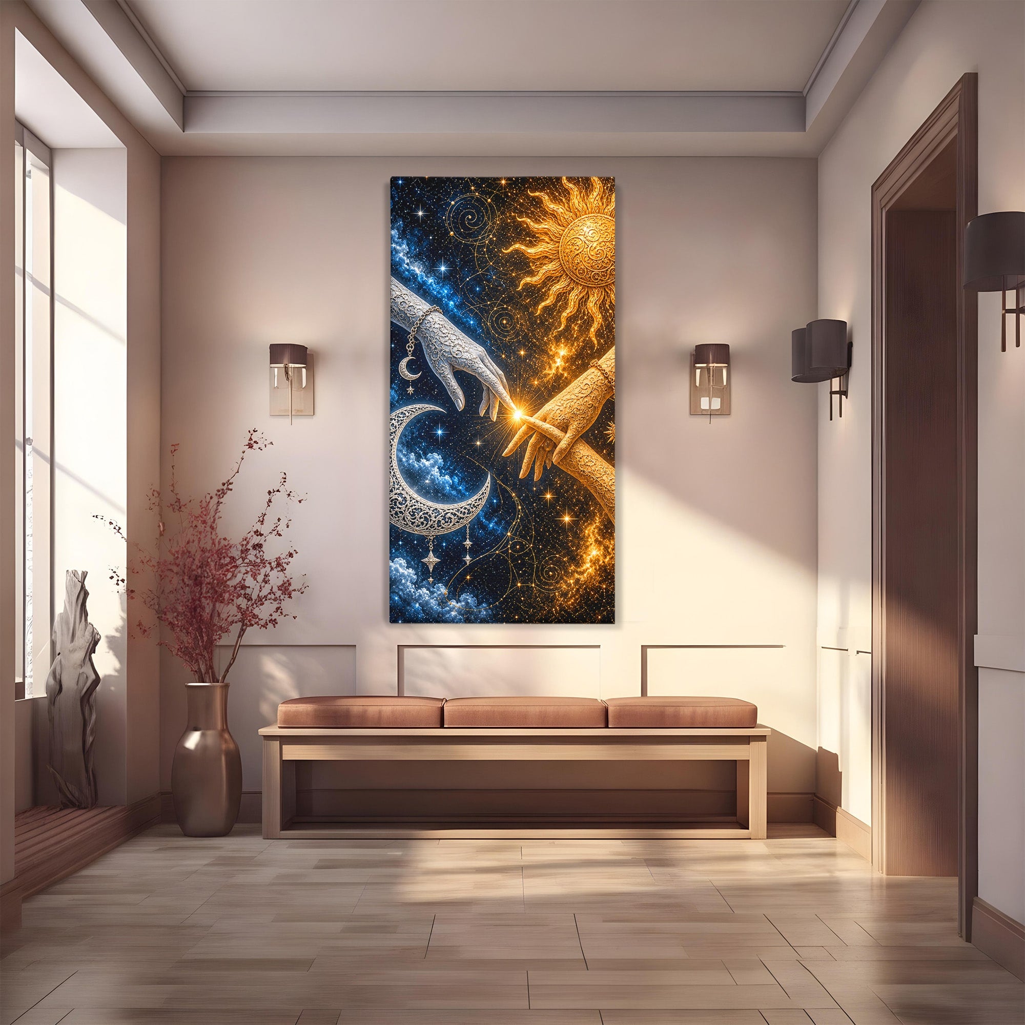 Tablou Canvas Premium LuxCanva® U1198, Atingerea Cosmica, Soare, Luna, Mistic, Univers, Dormitor, Living, Culori Vibrante