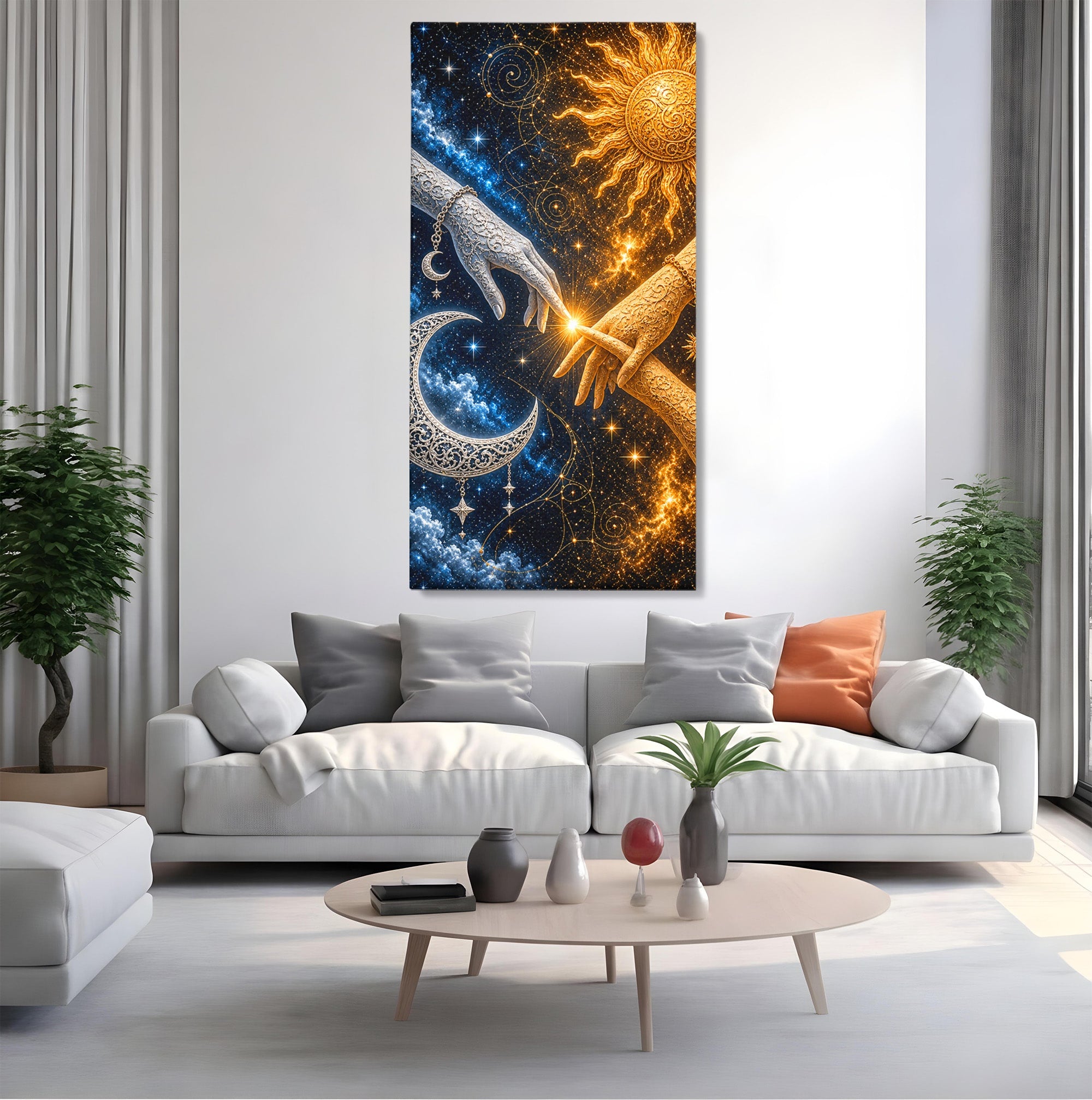 Tablou Canvas Premium LuxCanva® U1198, Atingerea Cosmica, Soare, Luna, Mistic, Univers, Dormitor, Living, Culori Vibrante