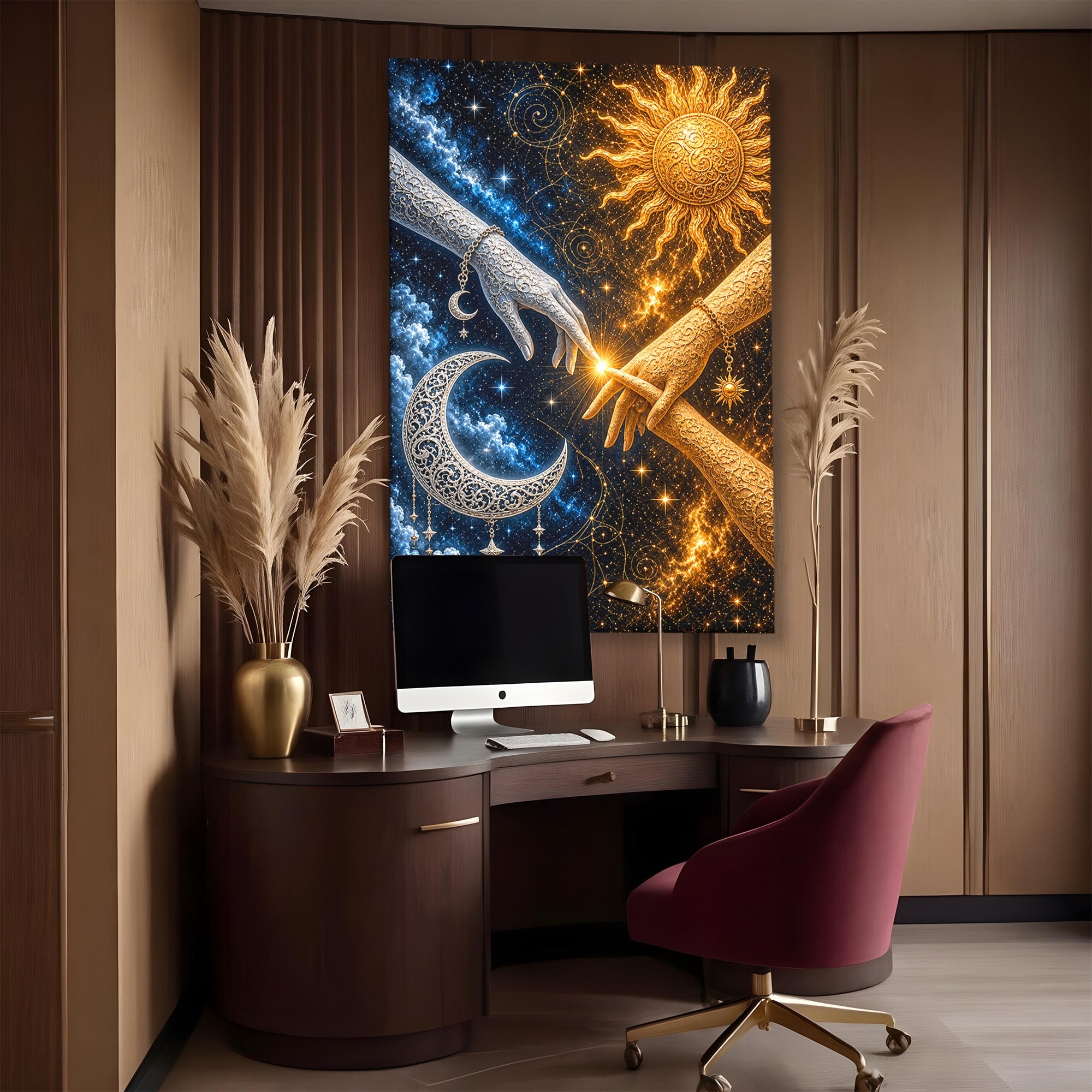 Tablou Canvas Premium LuxCanva® U1198, Atingerea Cosmica, Soare, Luna, Mistic, Univers, Dormitor, Living, Culori Vibrante