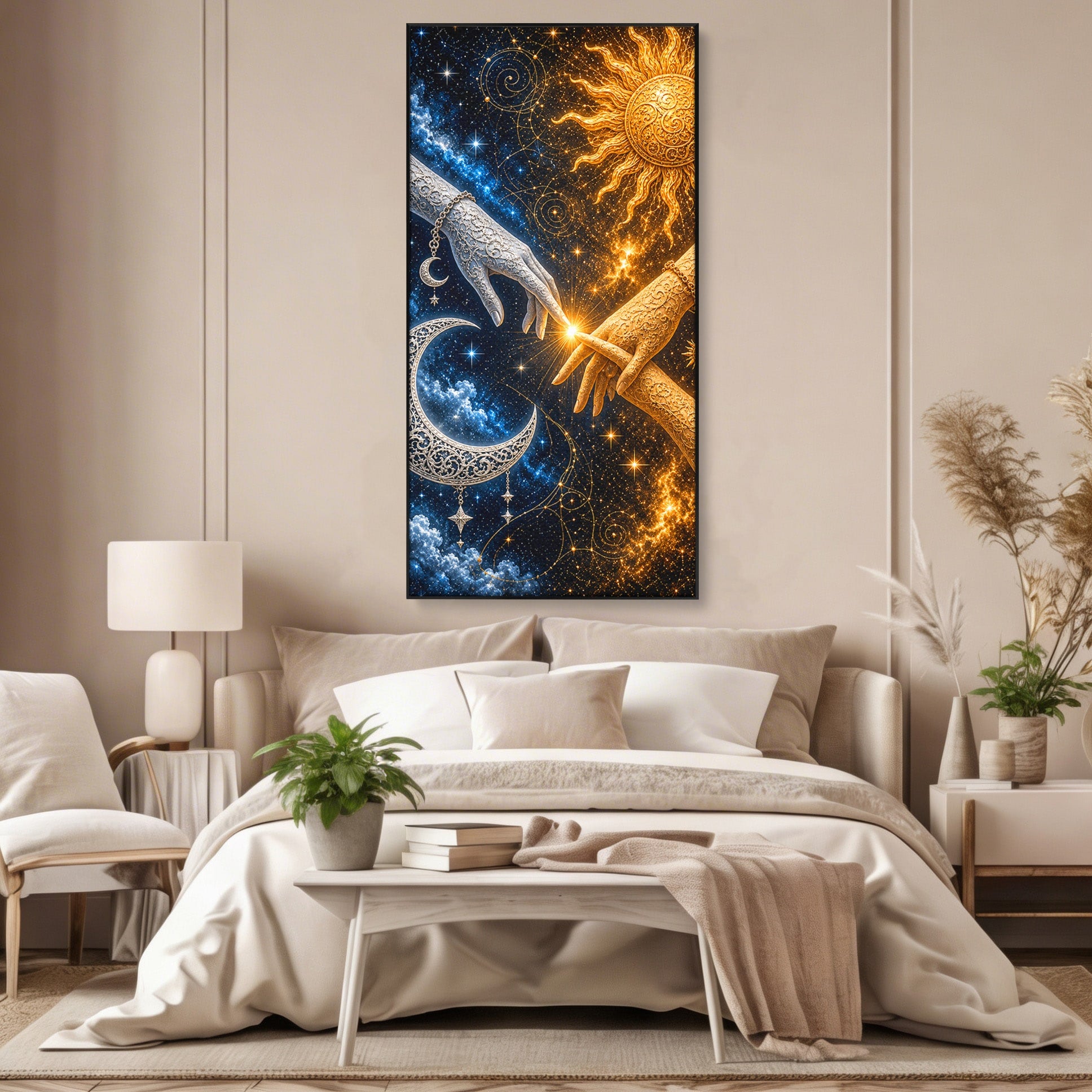 Tablou Canvas Premium LuxCanva® U1198, Atingerea Cosmica, Soare, Luna, Mistic, Univers, Dormitor, Living, Culori Vibrante