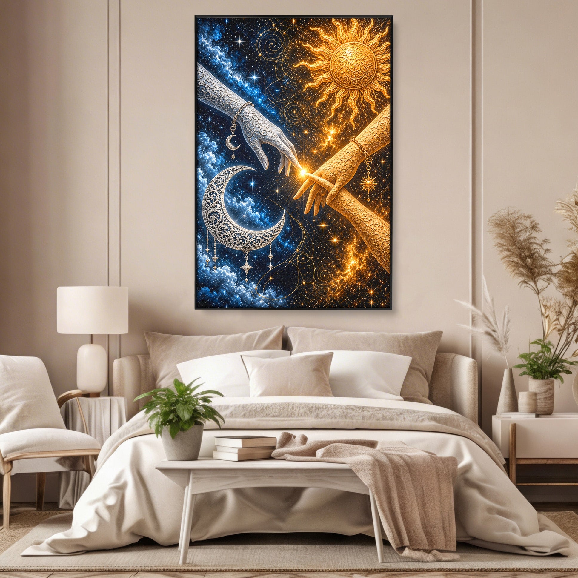 Tablou Canvas Premium LuxCanva® U1198, Atingerea Cosmica, Soare, Luna, Mistic, Univers, Dormitor, Living, Culori Vibrante