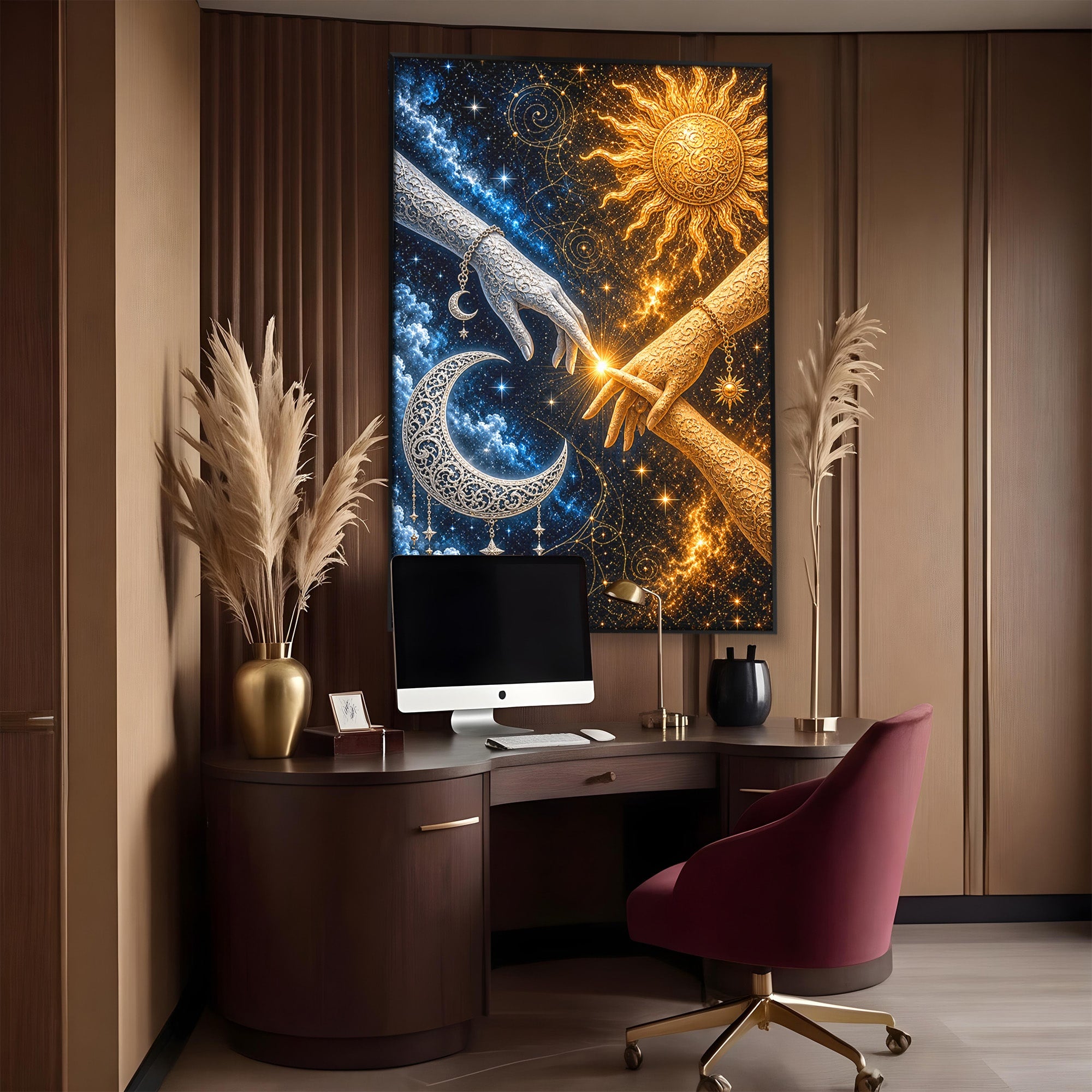 Tablou Canvas Premium LuxCanva® U1198, Atingerea Cosmica, Soare, Luna, Mistic, Univers, Dormitor, Living, Culori Vibrante