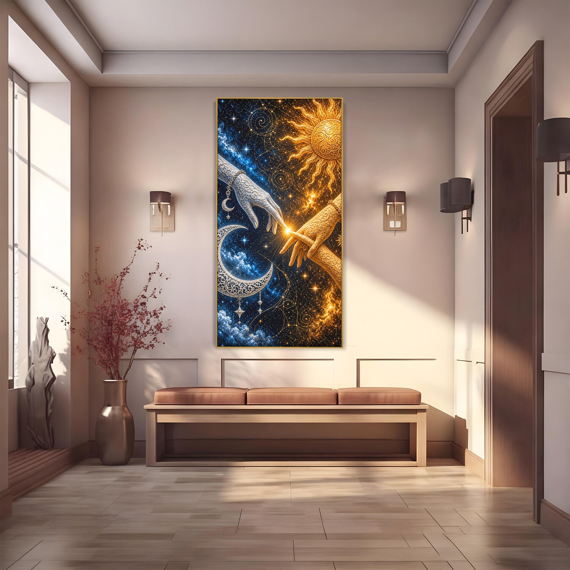 Tablou Canvas Premium LuxCanva® U1198, Atingerea Cosmica, Soare, Luna, Mistic, Univers, Dormitor, Living, Culori Vibrante
