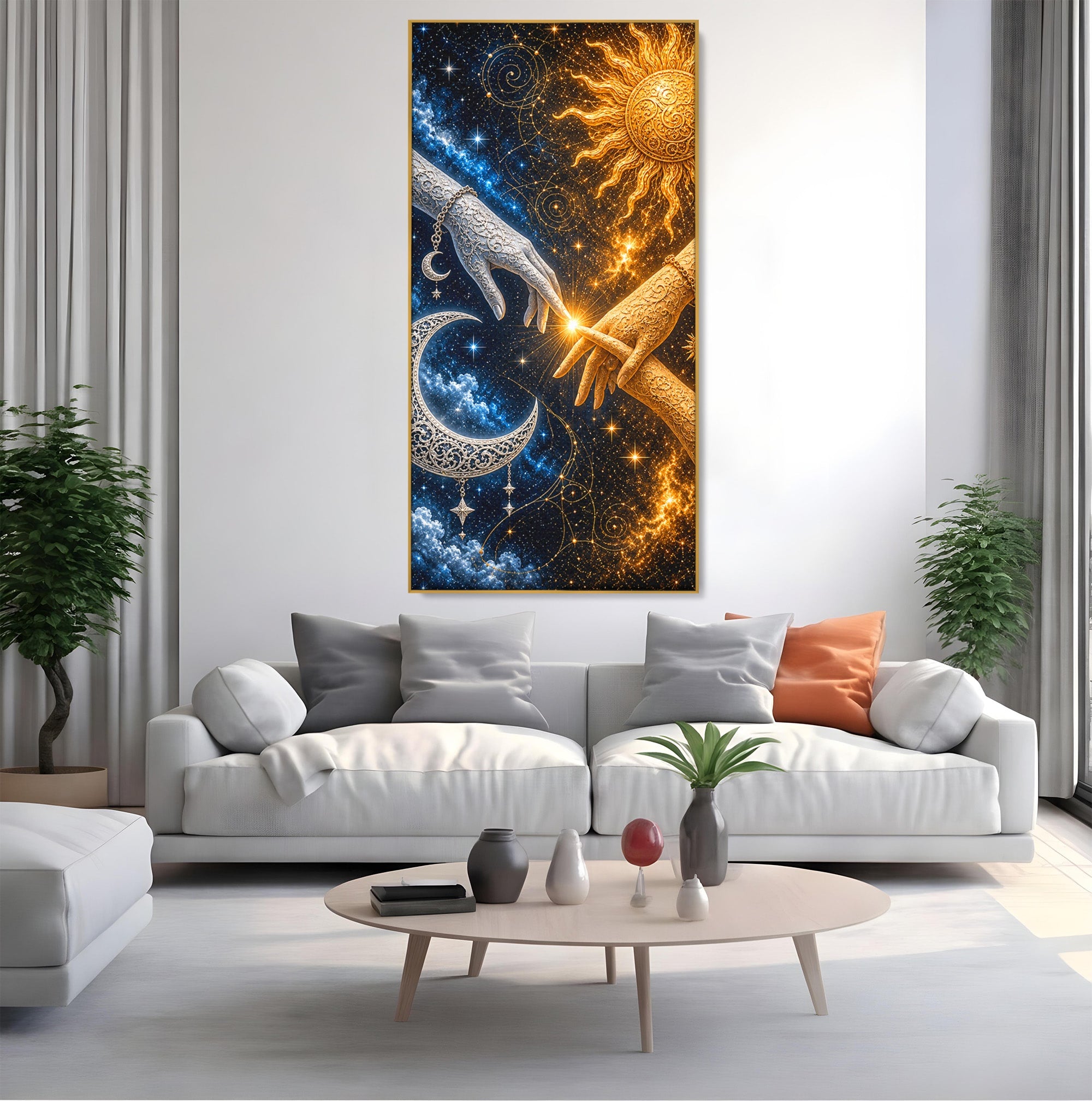 Tablou Canvas Premium LuxCanva® U1198, Atingerea Cosmica, Soare, Luna, Mistic, Univers, Dormitor, Living, Culori Vibrante