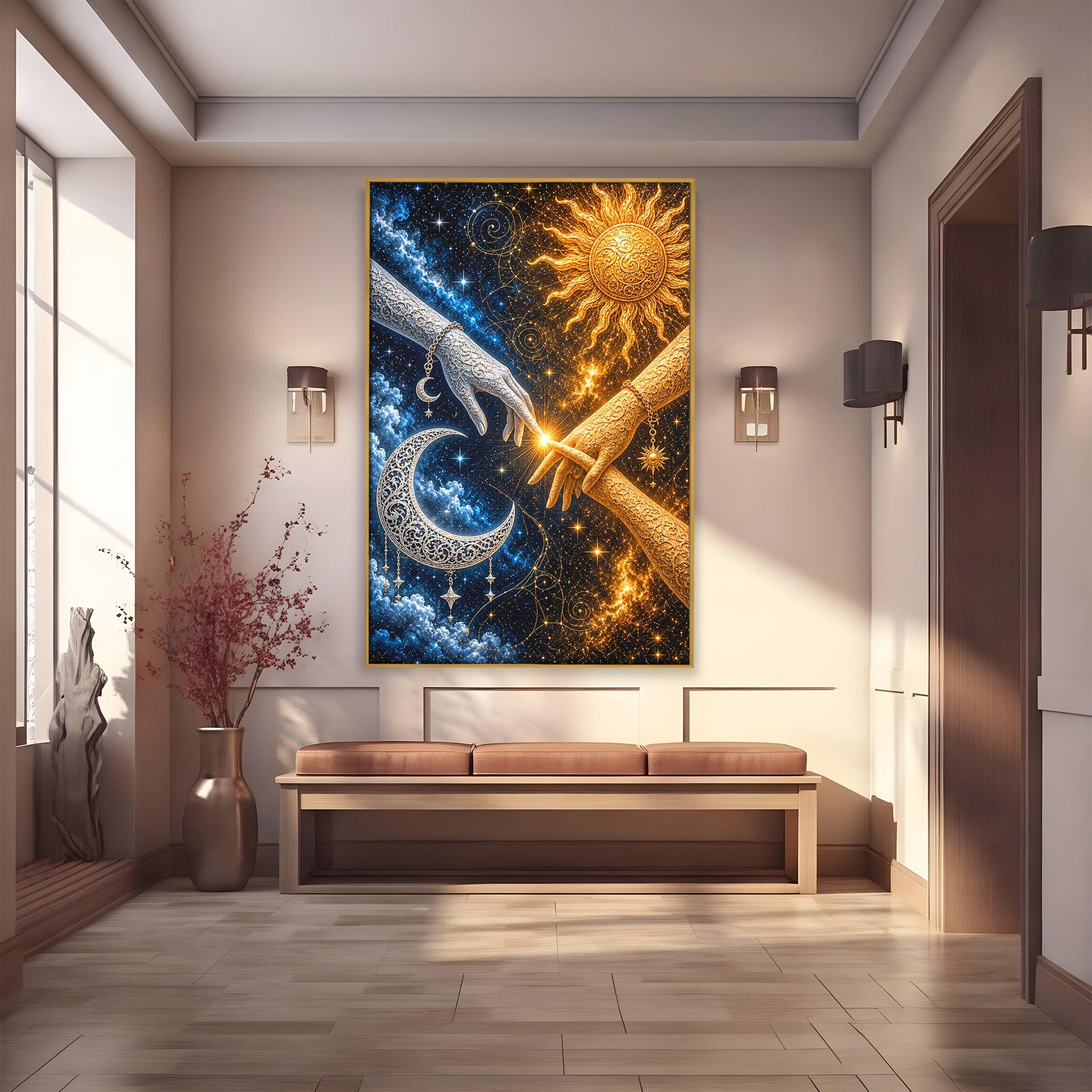 Tablou Canvas Premium LuxCanva® U1198, Atingerea Cosmica, Soare, Luna, Mistic, Univers, Dormitor, Living, Culori Vibrante