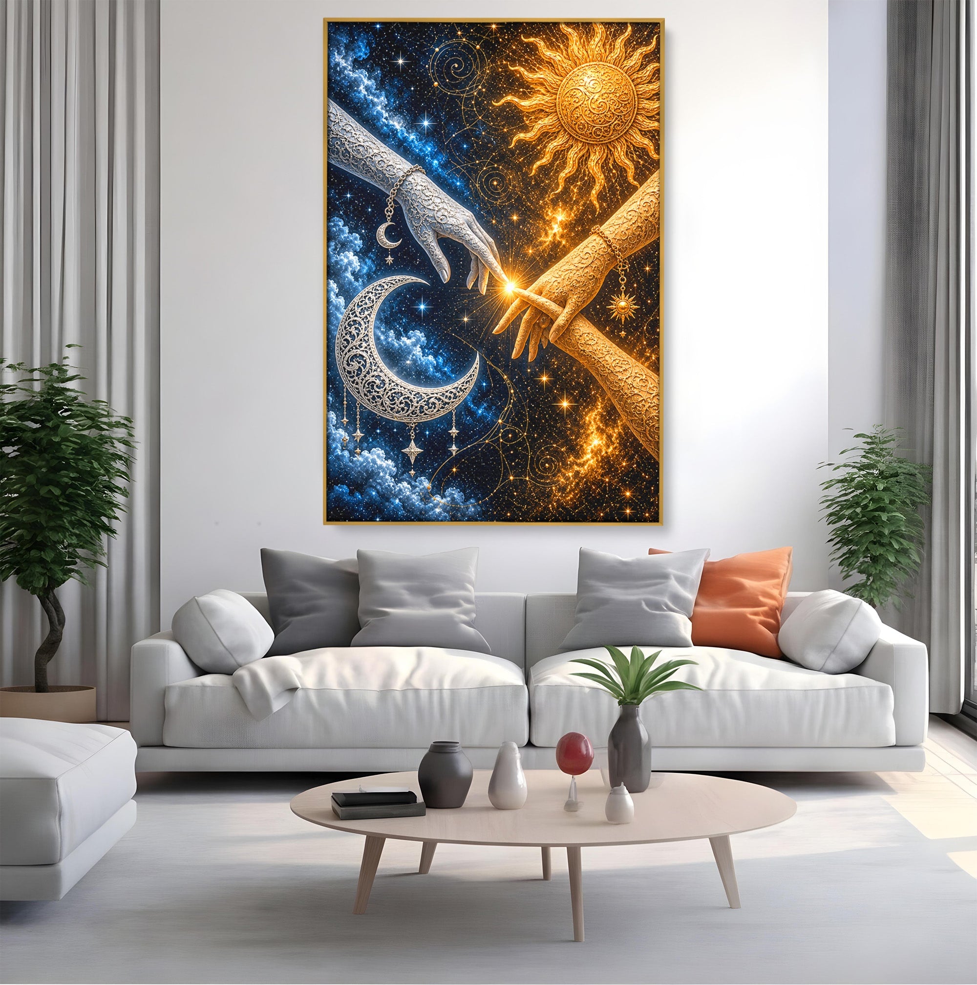 Tablou Canvas Premium LuxCanva® U1198, Atingerea Cosmica, Soare, Luna, Mistic, Univers, Dormitor, Living, Culori Vibrante