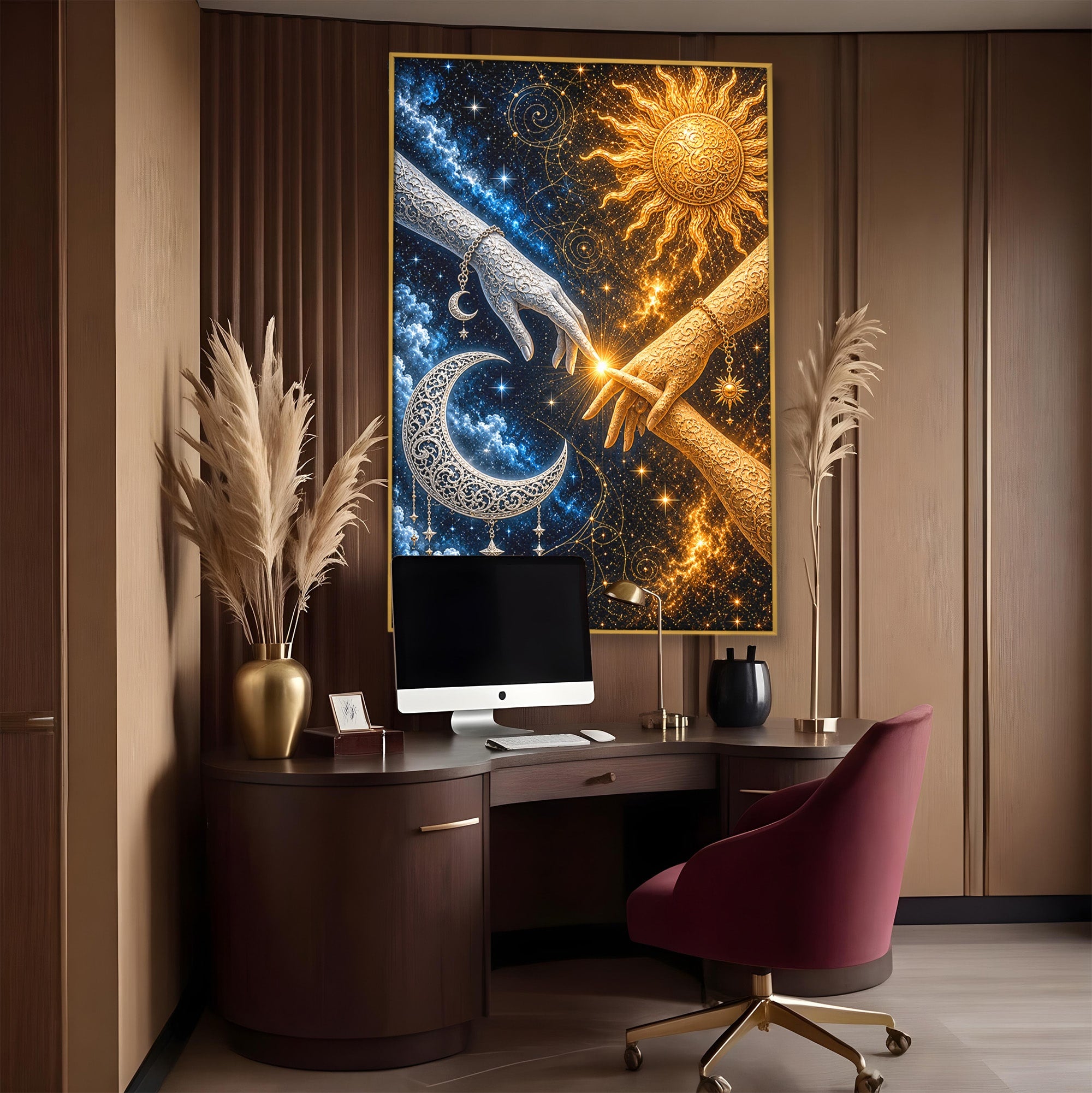 Tablou Canvas Premium LuxCanva® U1198, Atingerea Cosmica, Soare, Luna, Mistic, Univers, Dormitor, Living, Culori Vibrante