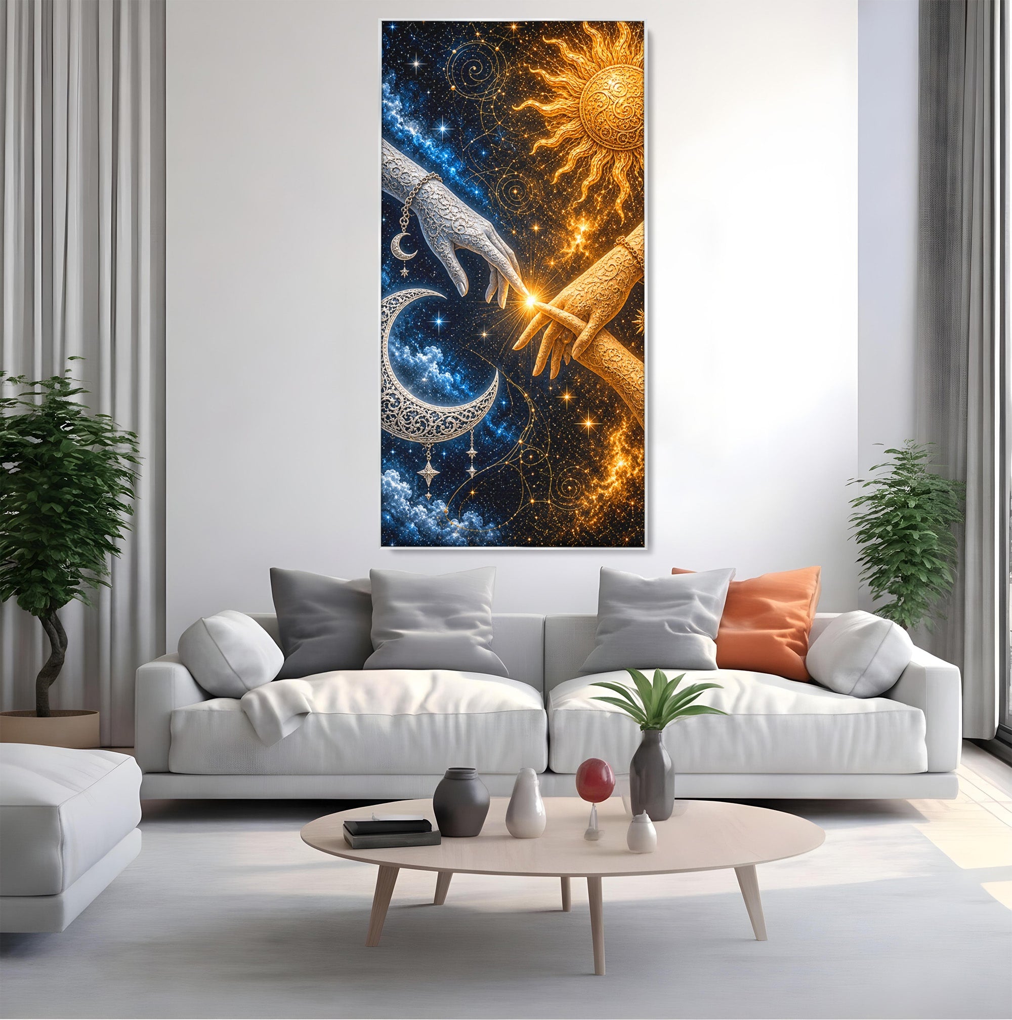 Tablou Canvas Premium LuxCanva® U1198, Atingerea Cosmica, Soare, Luna, Mistic, Univers, Dormitor, Living, Culori Vibrante