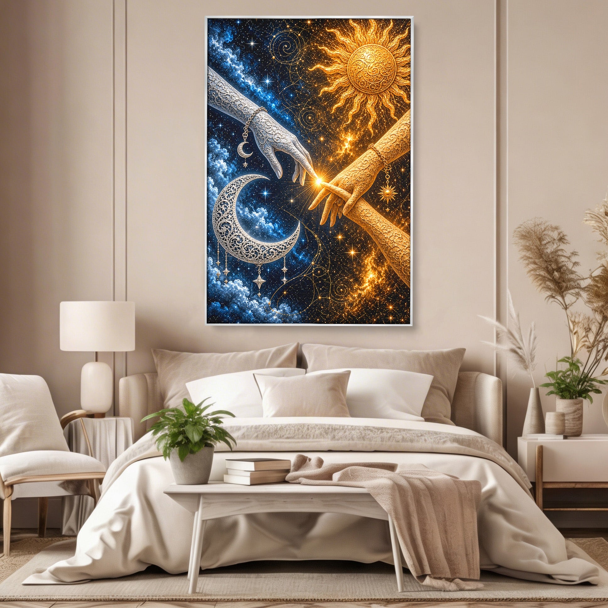 Tablou Canvas Premium LuxCanva® U1198, Atingerea Cosmica, Soare, Luna, Mistic, Univers, Dormitor, Living, Culori Vibrante