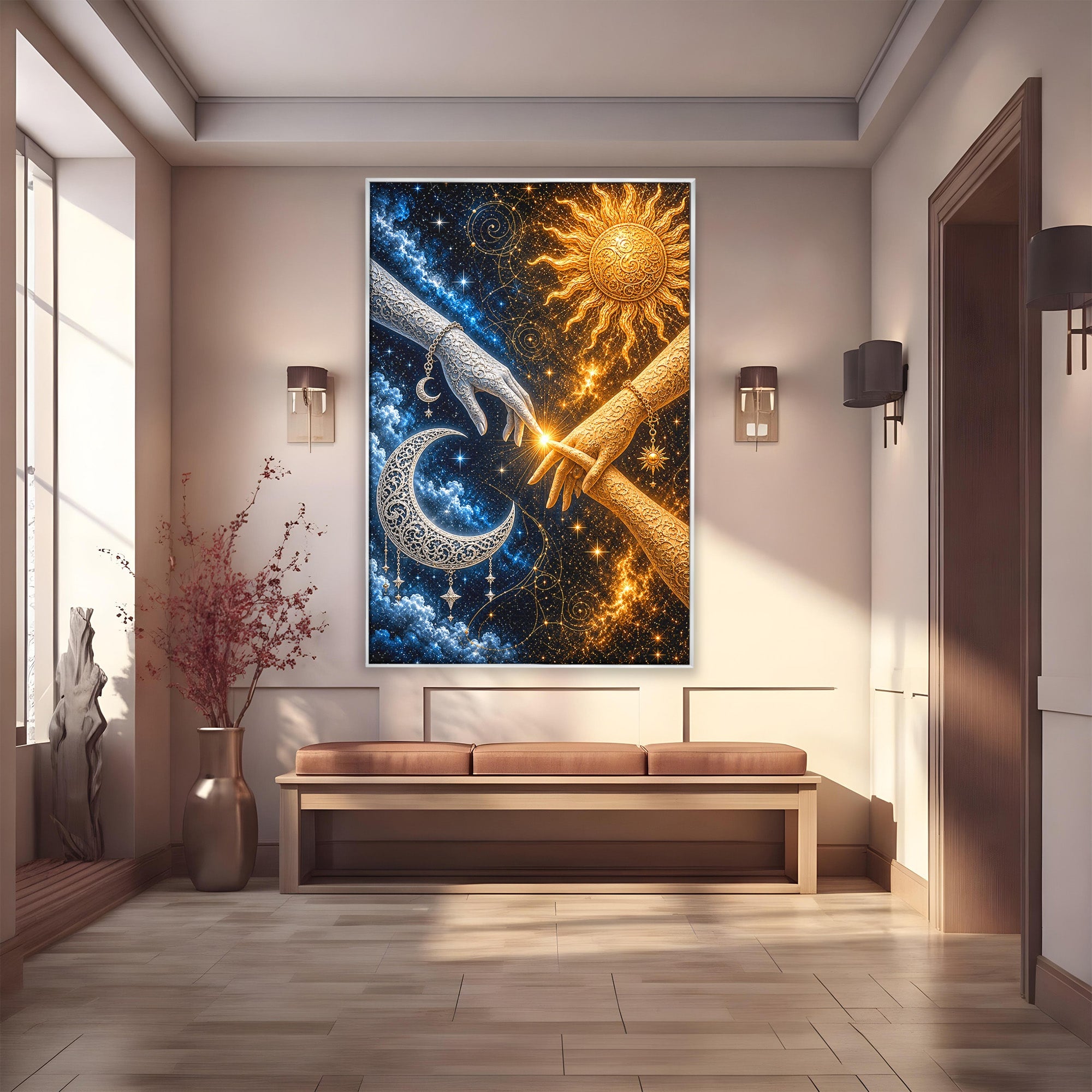 Tablou Canvas Premium LuxCanva® U1198, Atingerea Cosmica, Soare, Luna, Mistic, Univers, Dormitor, Living, Culori Vibrante