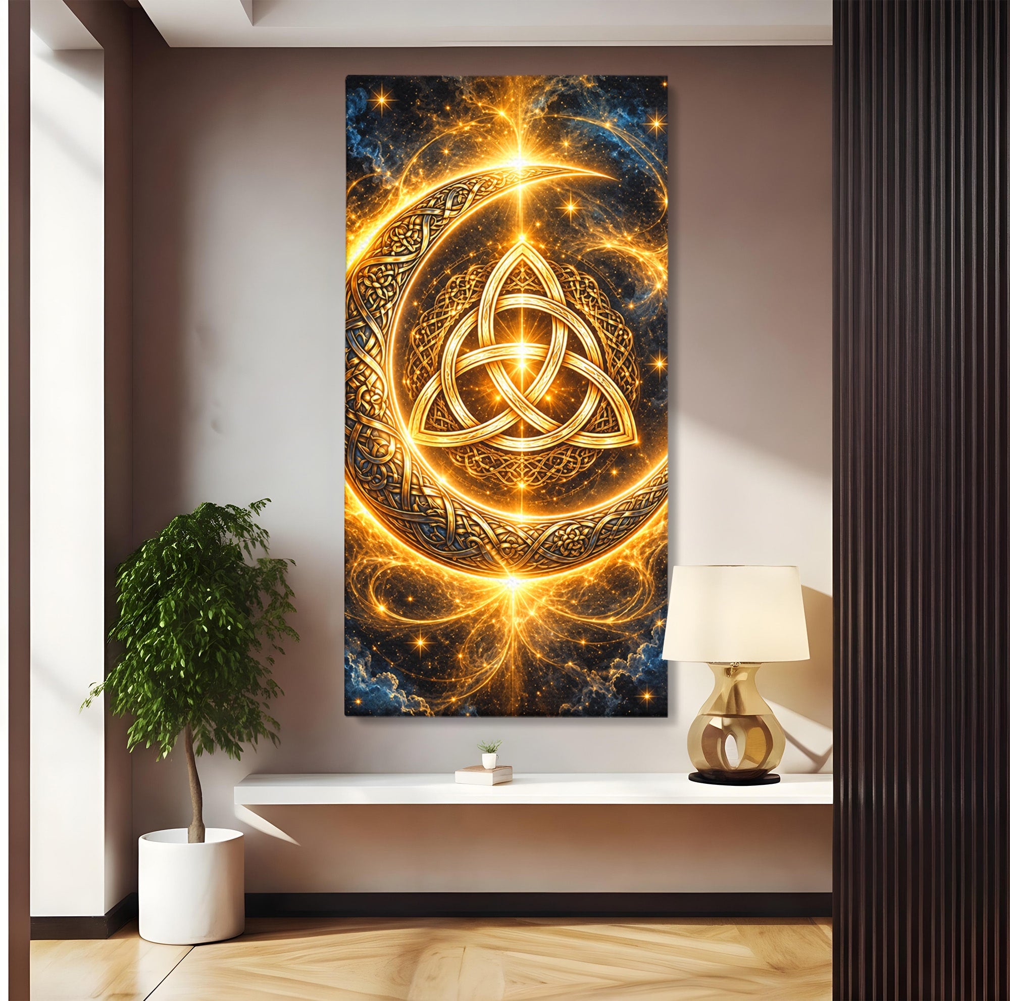 Tablou Canvas Premium LuxCanva® U1199, Luna Aurie Celtica, Auriu, Mistic, Luna, Celtic, Dormitor, Culori Vibrante