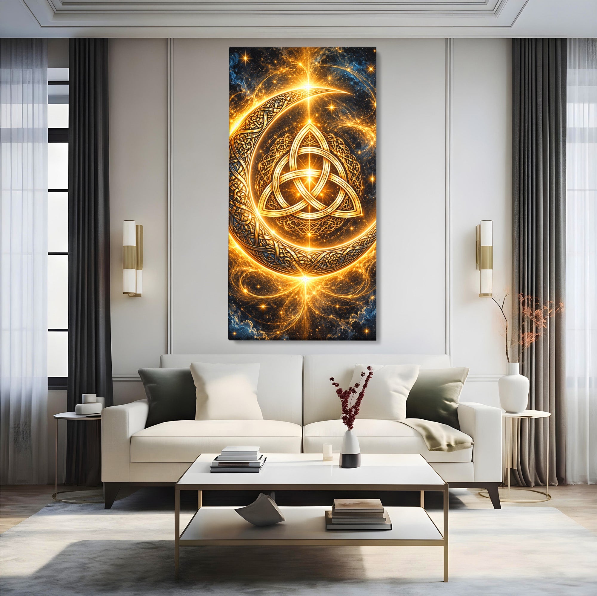 Tablou Canvas Premium LuxCanva® U1199, Luna Aurie Celtica, Auriu, Mistic, Luna, Celtic, Dormitor, Culori Vibrante