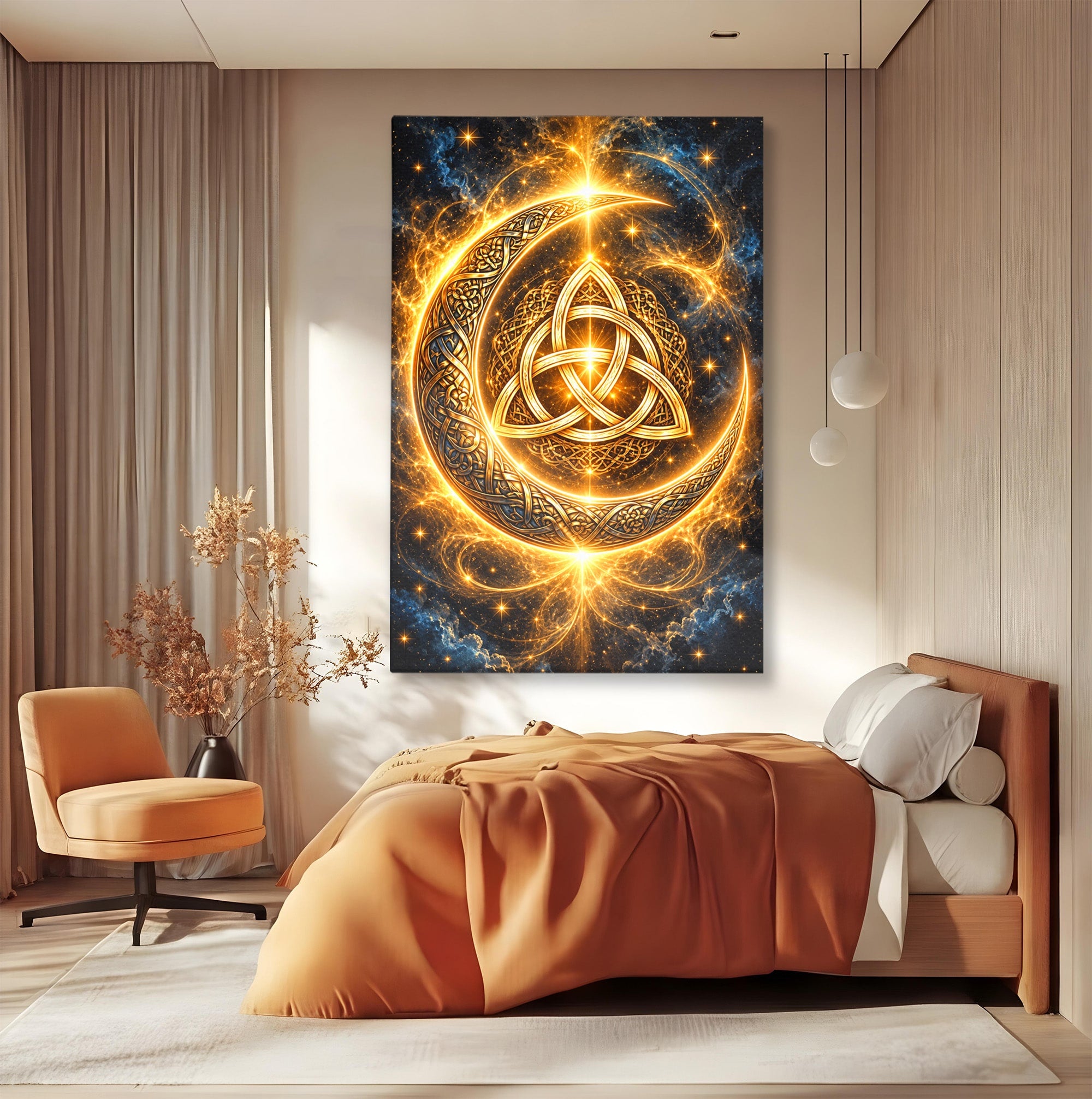 Tablou Canvas Premium LuxCanva® U1199, Luna Aurie Celtica, Auriu, Mistic, Luna, Celtic, Dormitor, Culori Vibrante