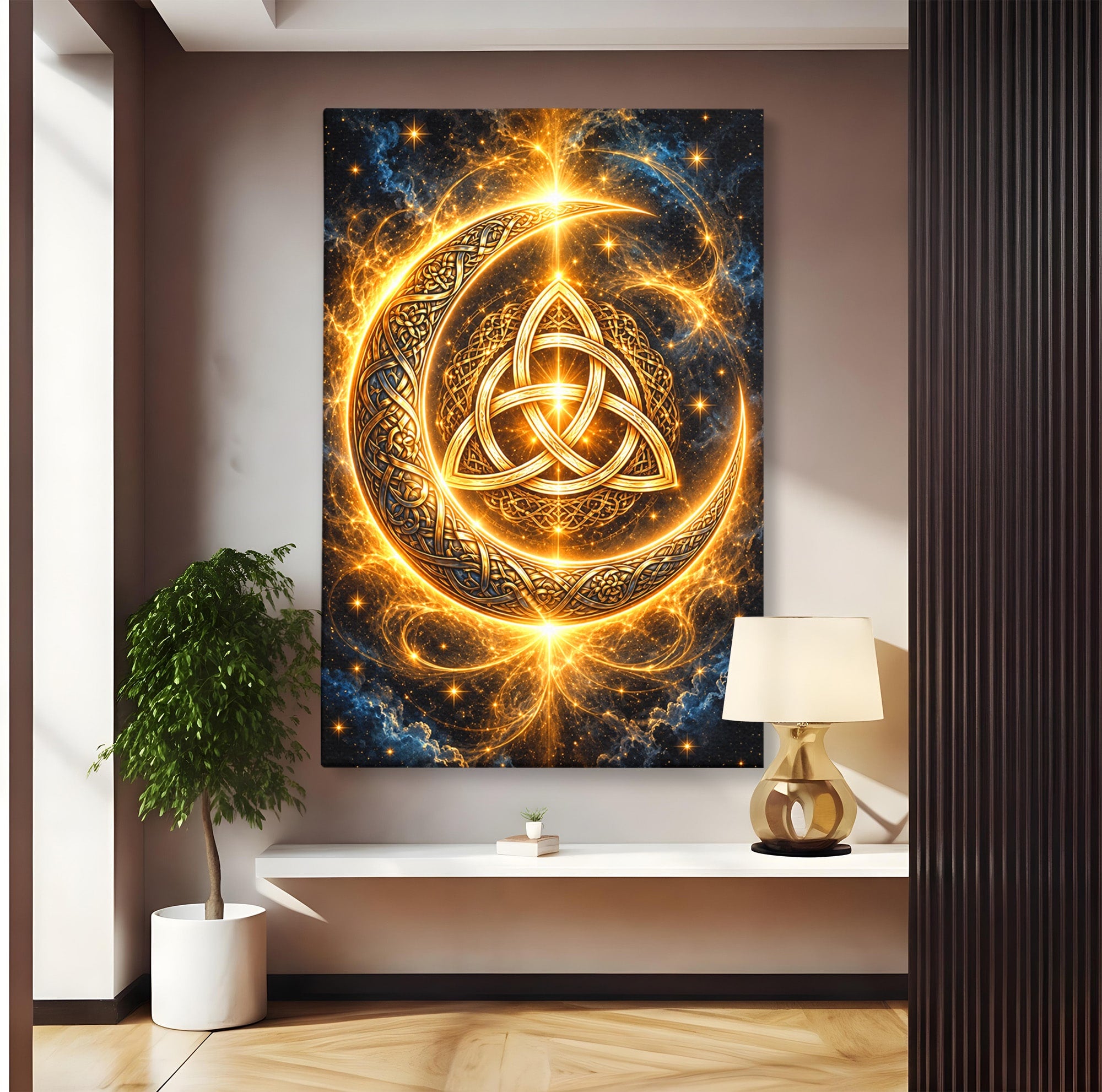 Tablou Canvas Premium LuxCanva® U1199, Luna Aurie Celtica, Auriu, Mistic, Luna, Celtic, Dormitor, Culori Vibrante