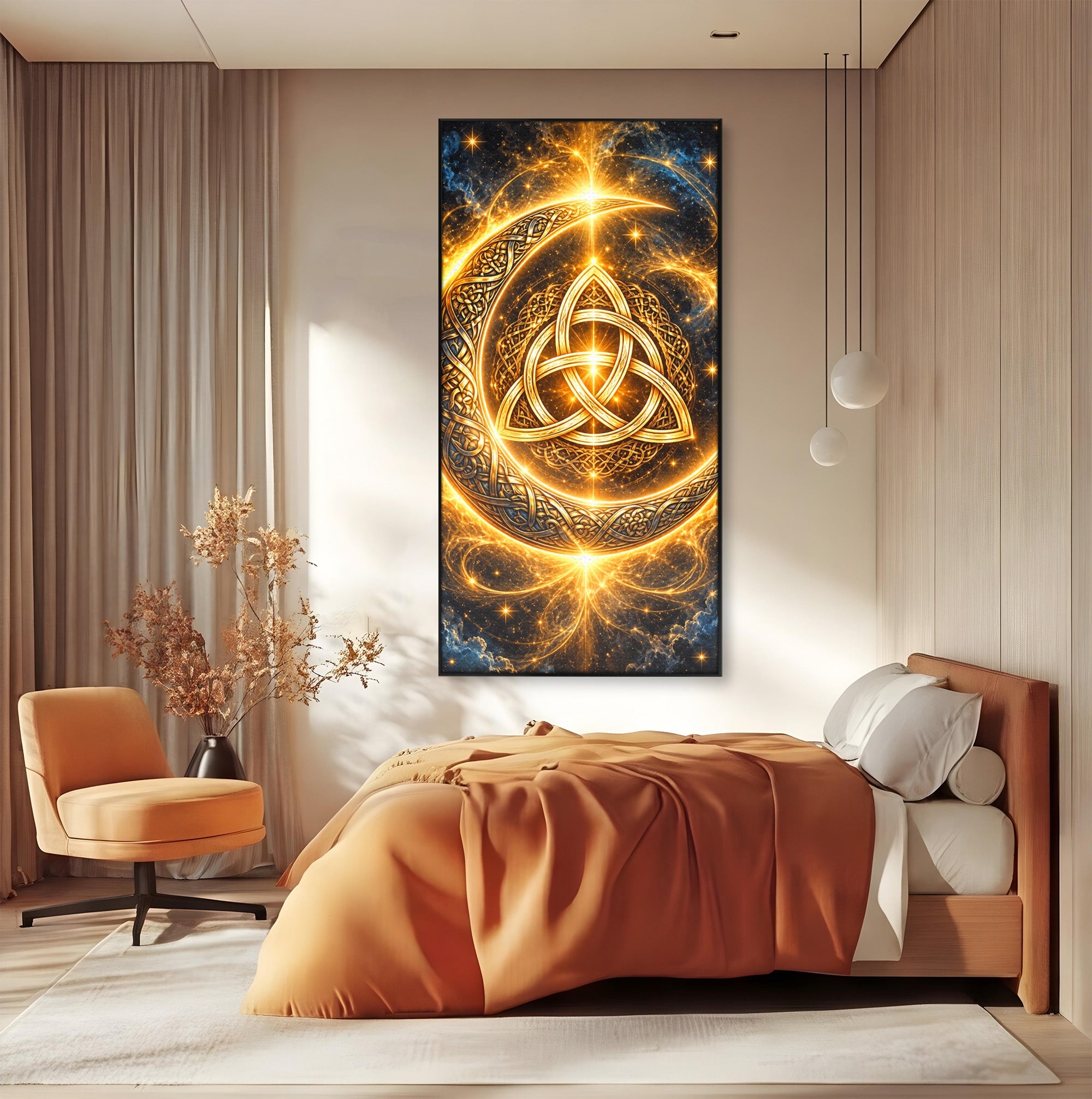 Tablou Canvas Premium LuxCanva® U1199, Luna Aurie Celtica, Auriu, Mistic, Luna, Celtic, Dormitor, Culori Vibrante