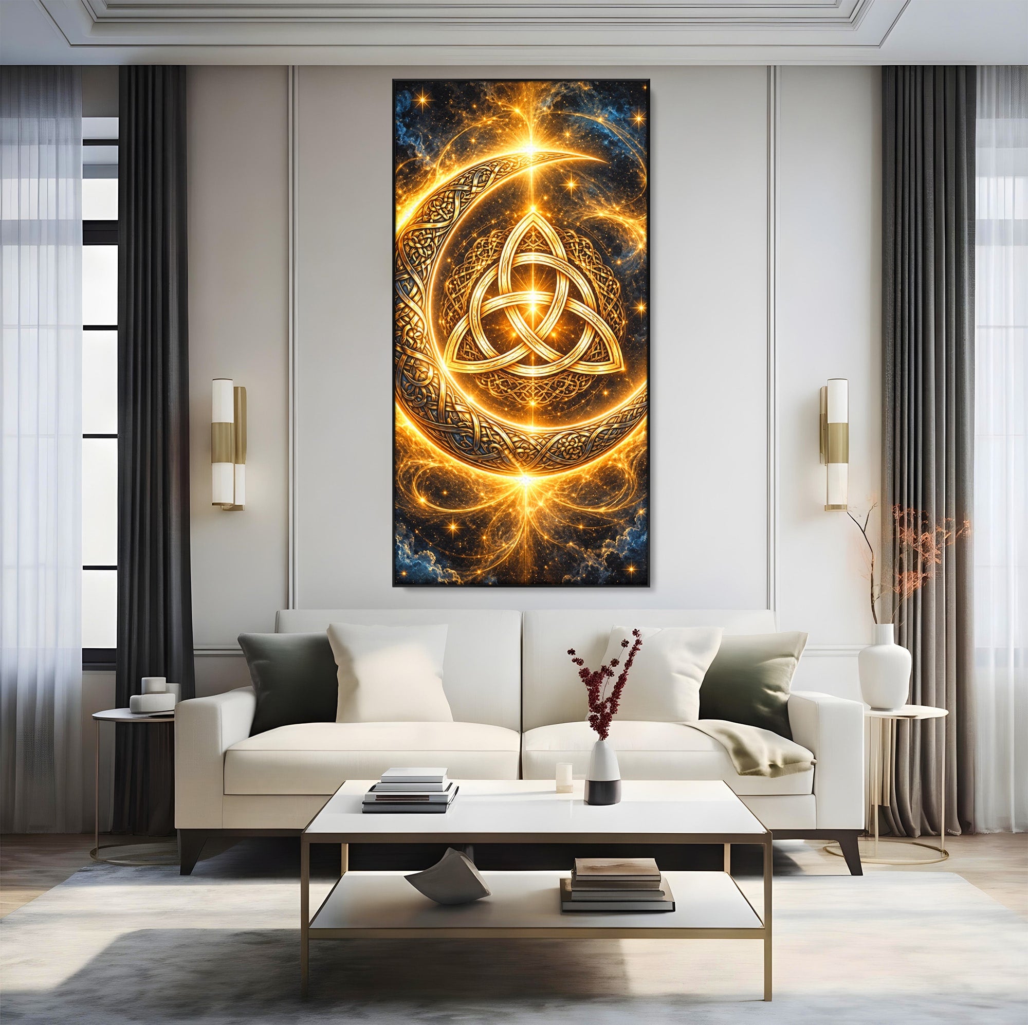 Tablou Canvas Premium LuxCanva® U1199, Luna Aurie Celtica, Auriu, Mistic, Luna, Celtic, Dormitor, Culori Vibrante