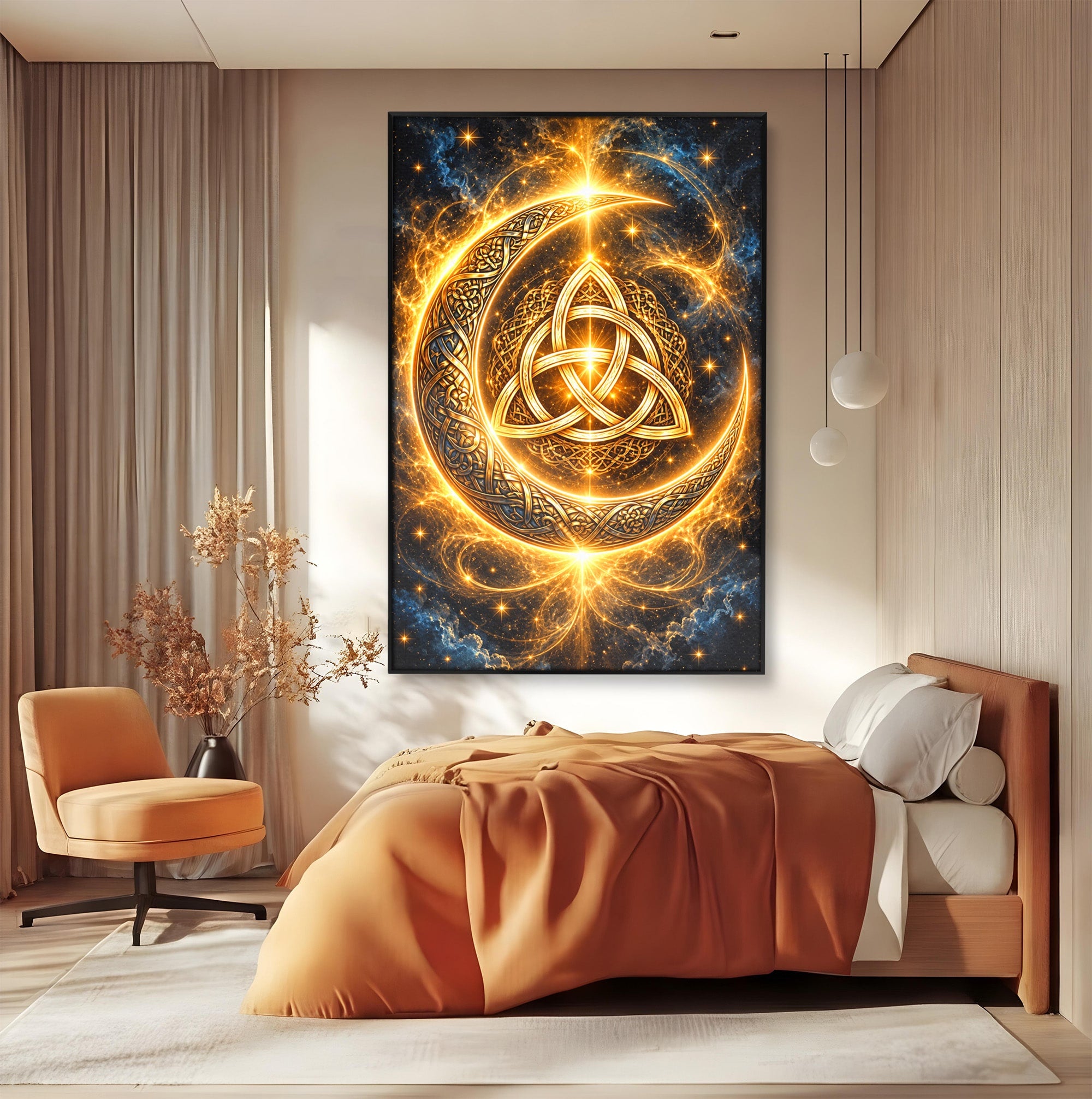 Tablou Canvas Premium LuxCanva® U1199, Luna Aurie Celtica, Auriu, Mistic, Luna, Celtic, Dormitor, Culori Vibrante