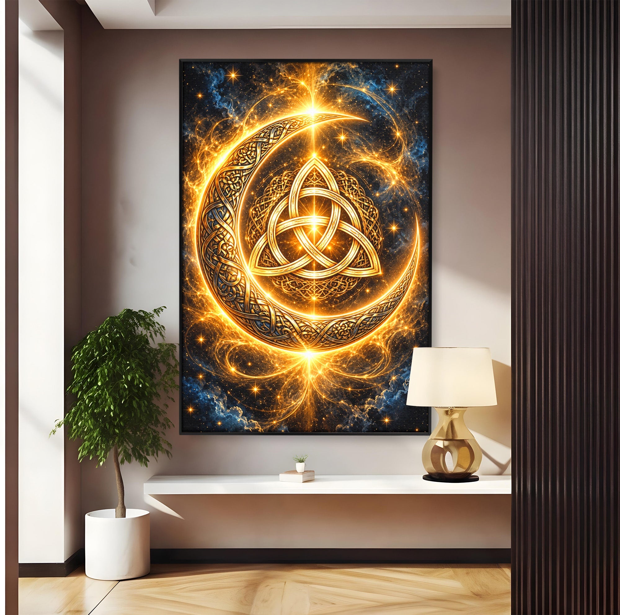 Tablou Canvas Premium LuxCanva® U1199, Luna Aurie Celtica, Auriu, Mistic, Luna, Celtic, Dormitor, Culori Vibrante