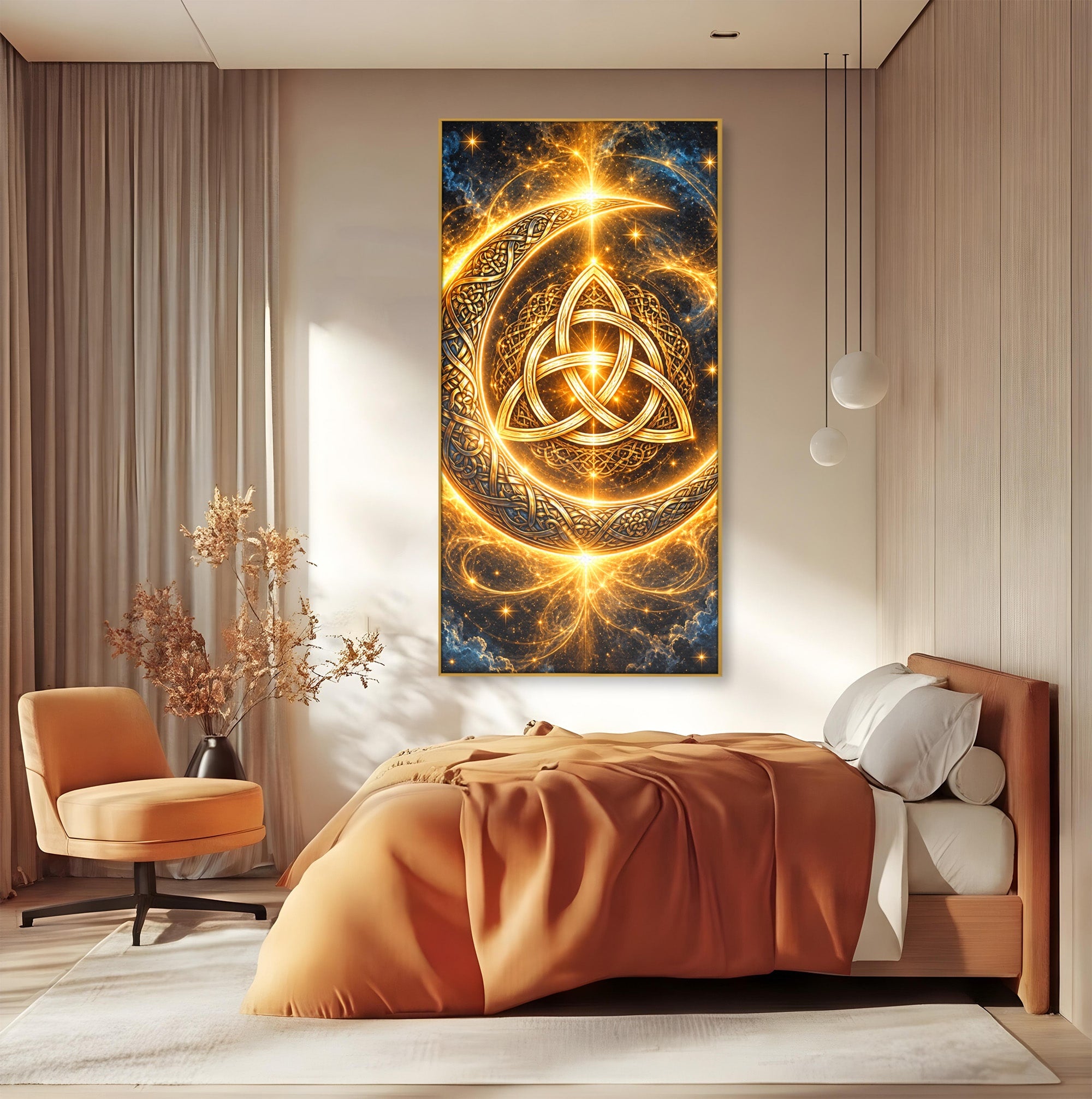 Tablou Canvas Premium LuxCanva® U1199, Luna Aurie Celtica, Auriu, Mistic, Luna, Celtic, Dormitor, Culori Vibrante