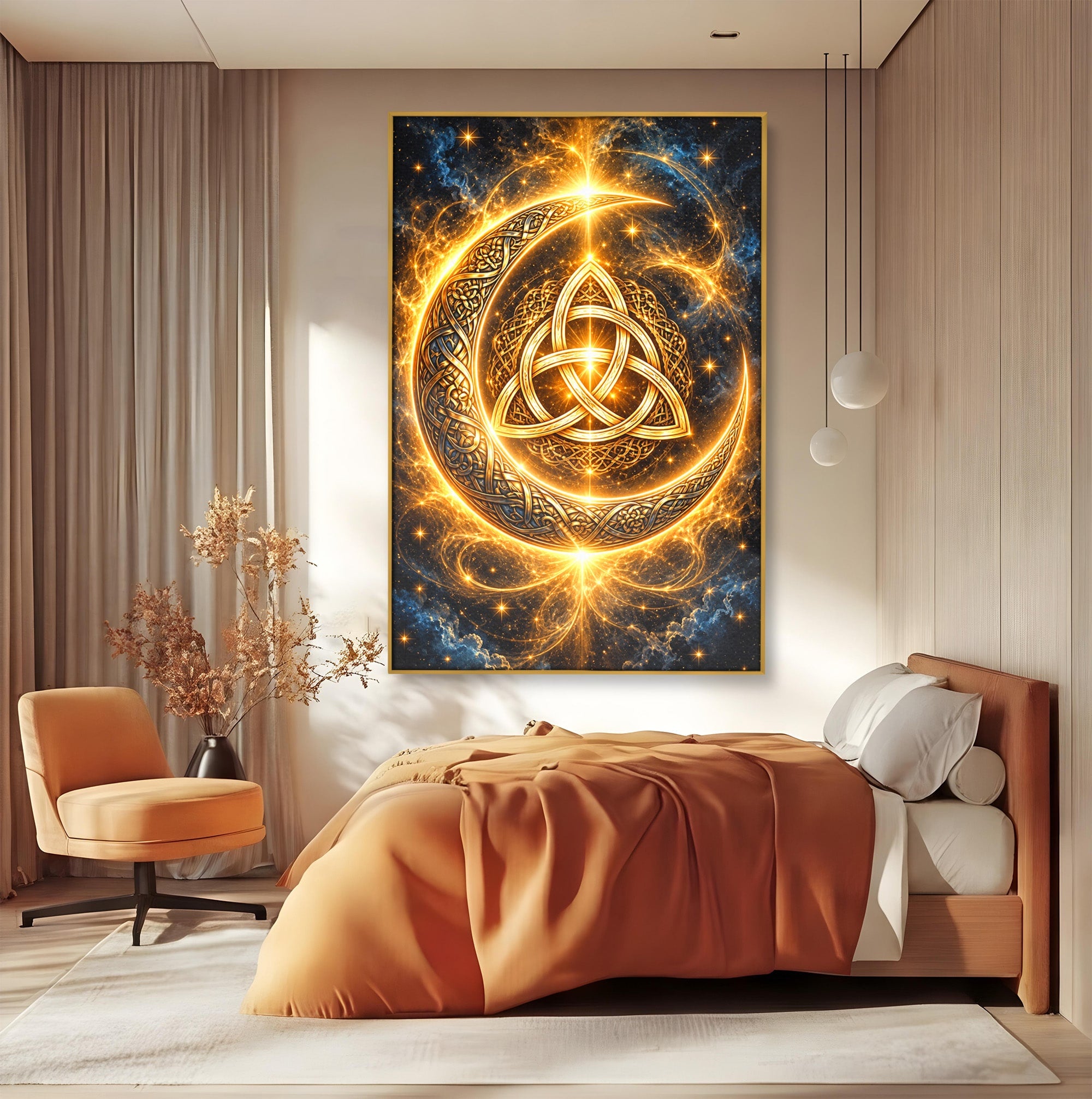 Tablou Canvas Premium LuxCanva® U1199, Luna Aurie Celtica, Auriu, Mistic, Luna, Celtic, Dormitor, Culori Vibrante