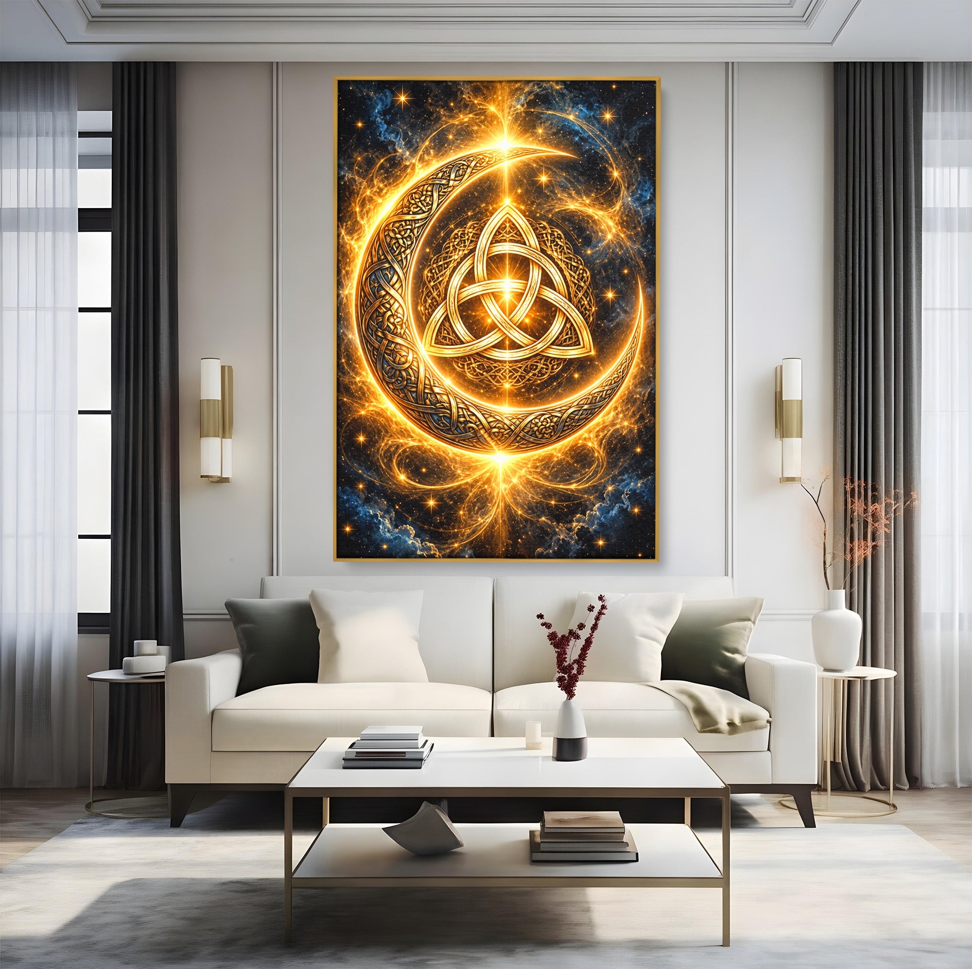 Tablou Canvas Premium LuxCanva® U1199, Luna Aurie Celtica, Auriu, Mistic, Luna, Celtic, Dormitor, Culori Vibrante