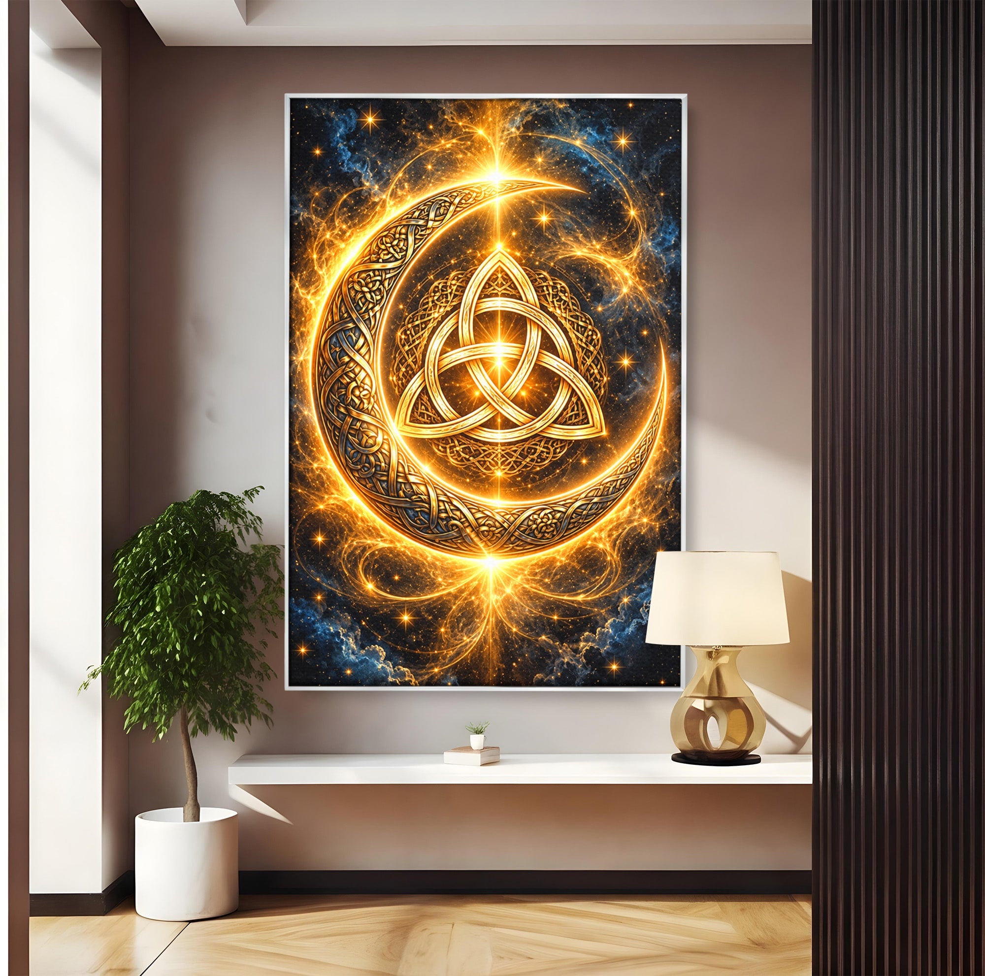 Tablou Canvas Premium LuxCanva® U1199, Luna Aurie Celtica, Auriu, Mistic, Luna, Celtic, Dormitor, Culori Vibrante