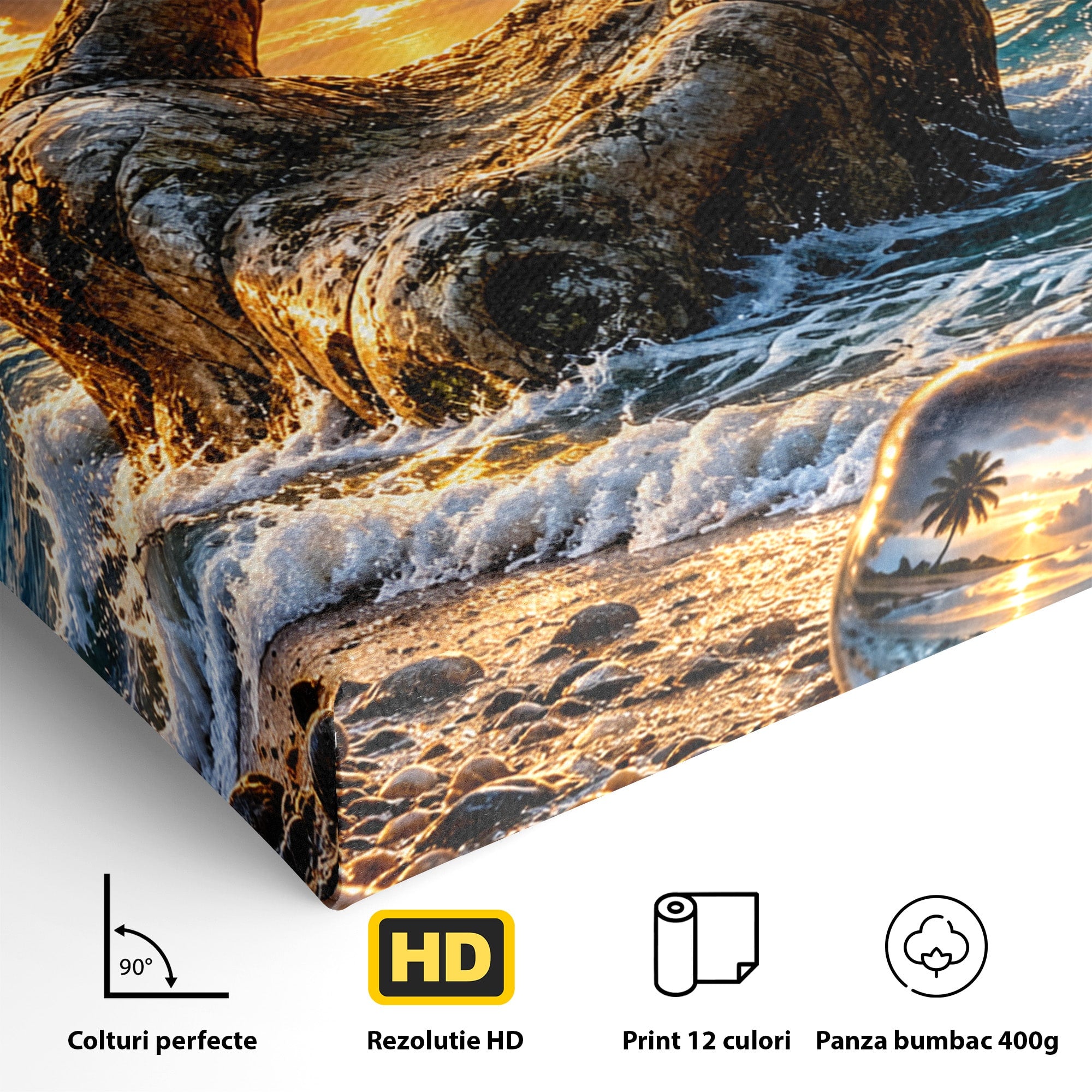 Tablou Canvas Premium LuxCanva® U1203, Mana Divina La Apus, Inima, Ocean, Natura, Mana, Apus, Living, Culori Vibrante