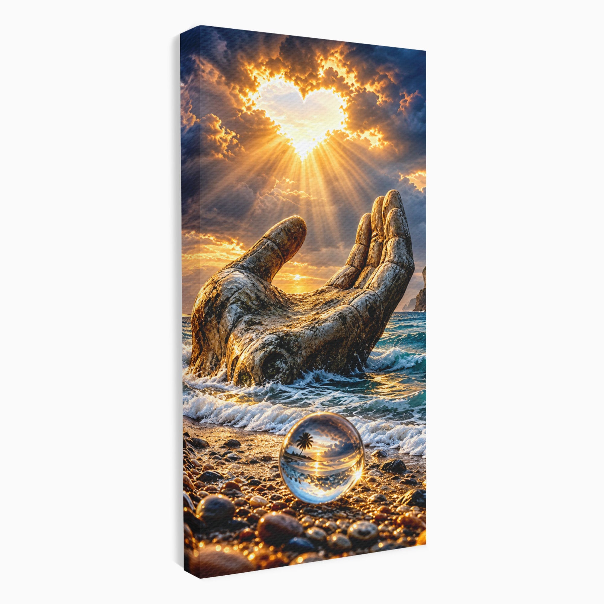 Tablou Canvas Premium LuxCanva® U1203, Mana Divina La Apus, Inima, Ocean, Natura, Mana, Apus, Living, Culori Vibrante