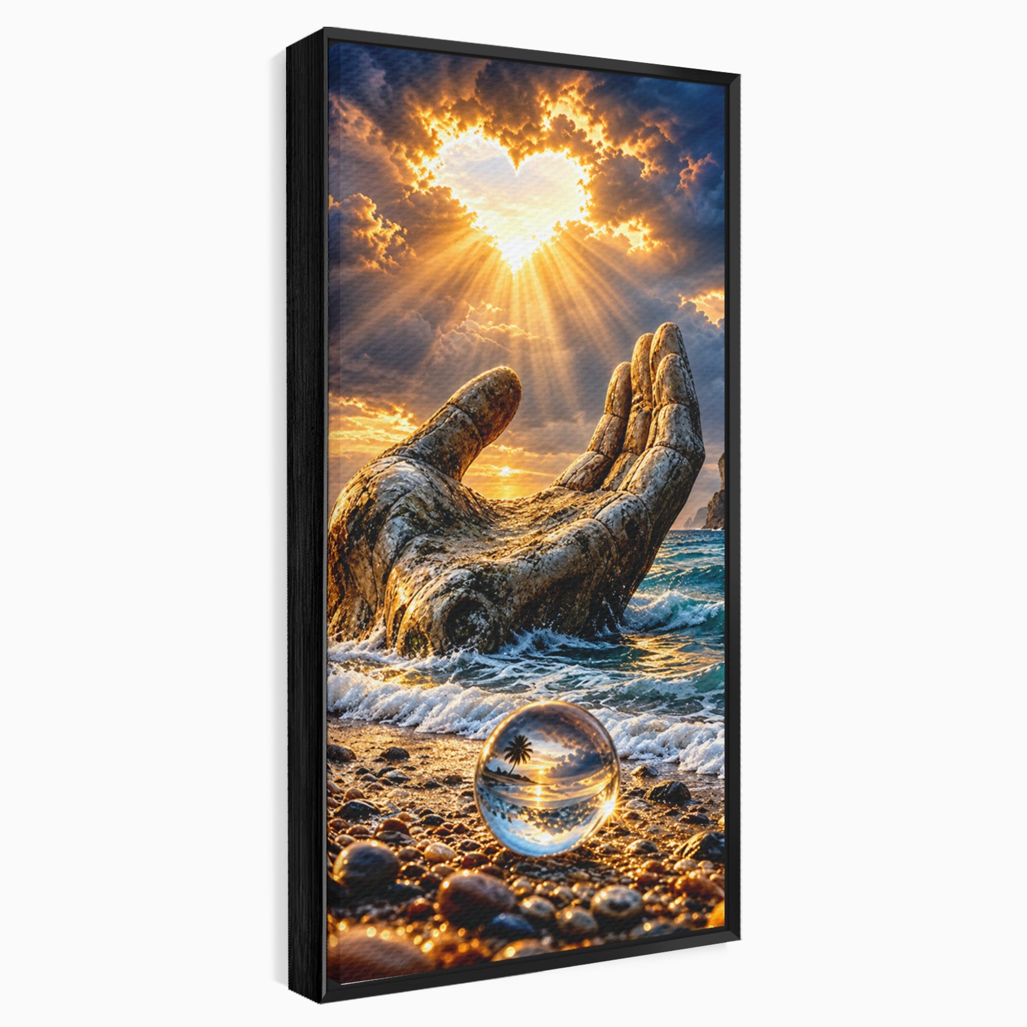 Tablou Canvas Premium LuxCanva® U1203, Mana Divina La Apus, Inima, Ocean, Natura, Mana, Apus, Living, Culori Vibrante