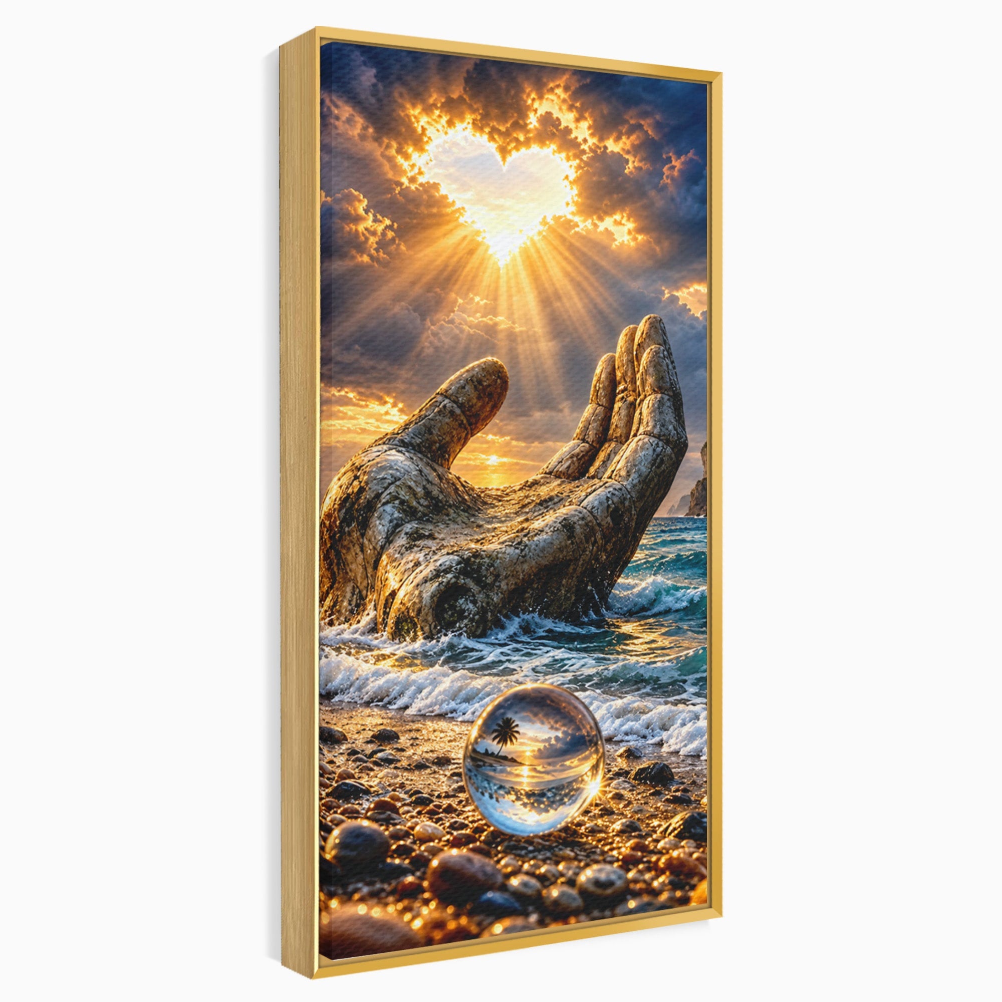 Tablou Canvas Premium LuxCanva® U1203, Mana Divina La Apus, Inima, Ocean, Natura, Mana, Apus, Living, Culori Vibrante