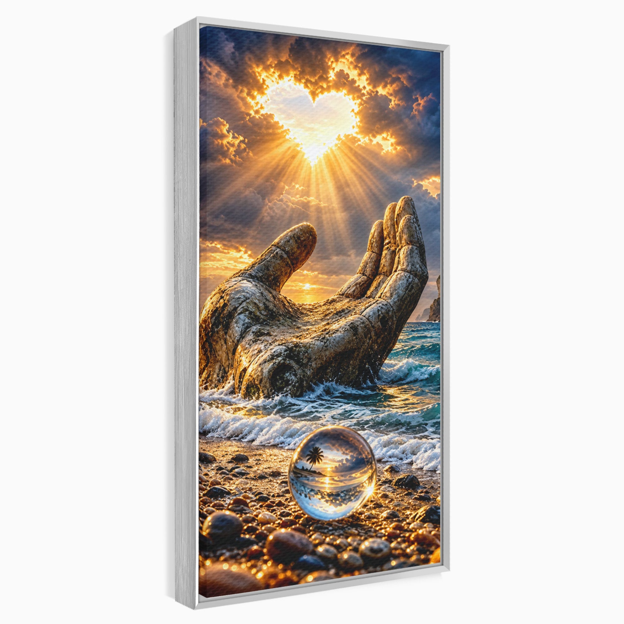 Tablou Canvas Premium LuxCanva® U1203, Mana Divina La Apus, Inima, Ocean, Natura, Mana, Apus, Living, Culori Vibrante