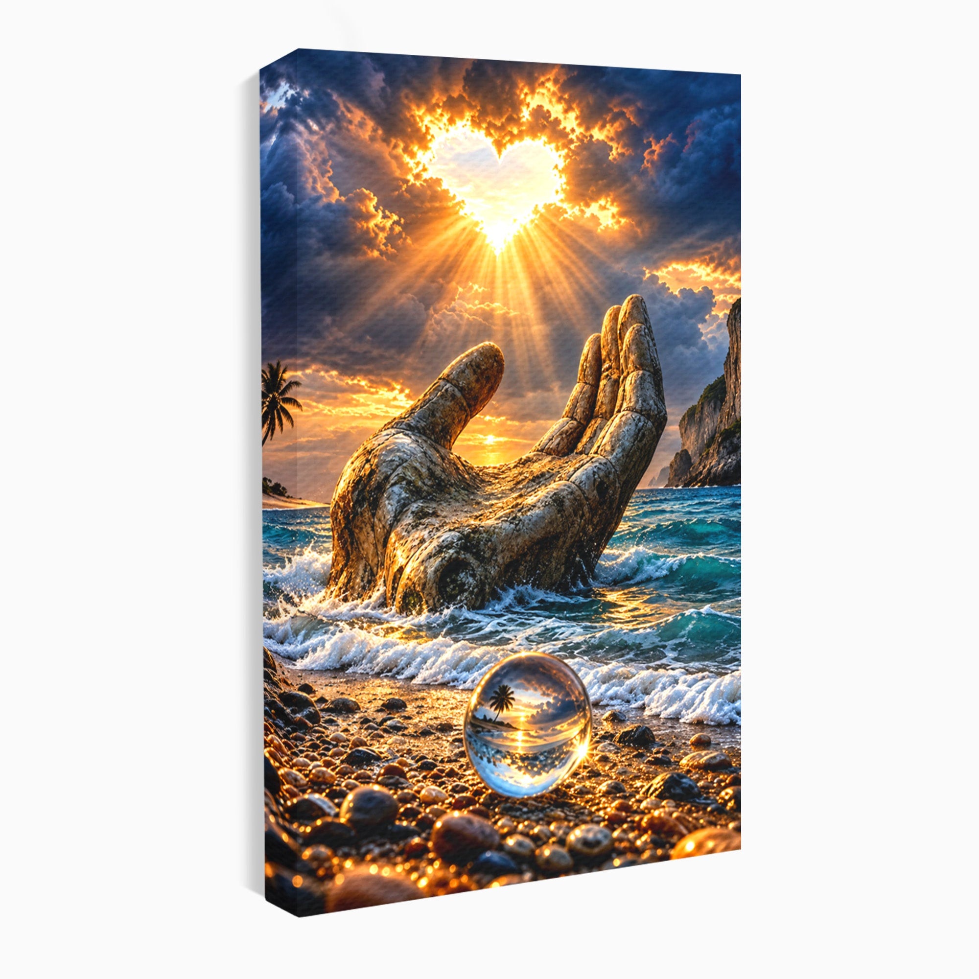 Tablou Canvas Premium LuxCanva® U1203, Mana Divina La Apus, Inima, Ocean, Natura, Mana, Apus, Living, Culori Vibrante