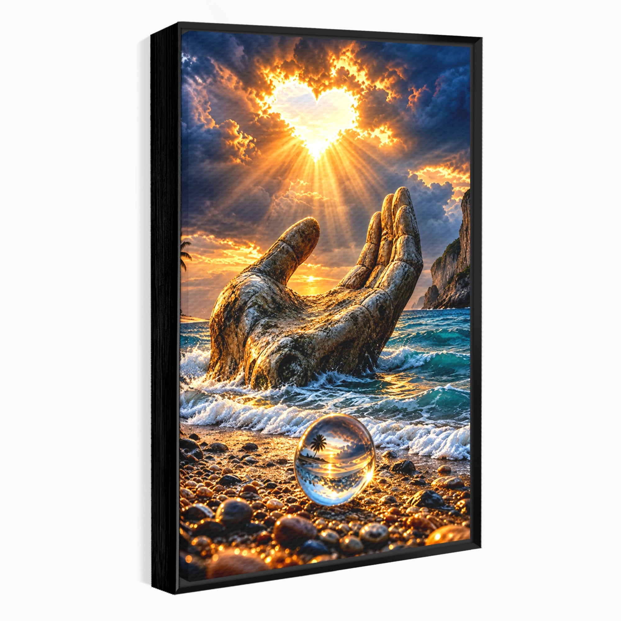 Tablou Canvas Premium LuxCanva® U1203, Mana Divina La Apus, Inima, Ocean, Natura, Mana, Apus, Living, Culori Vibrante