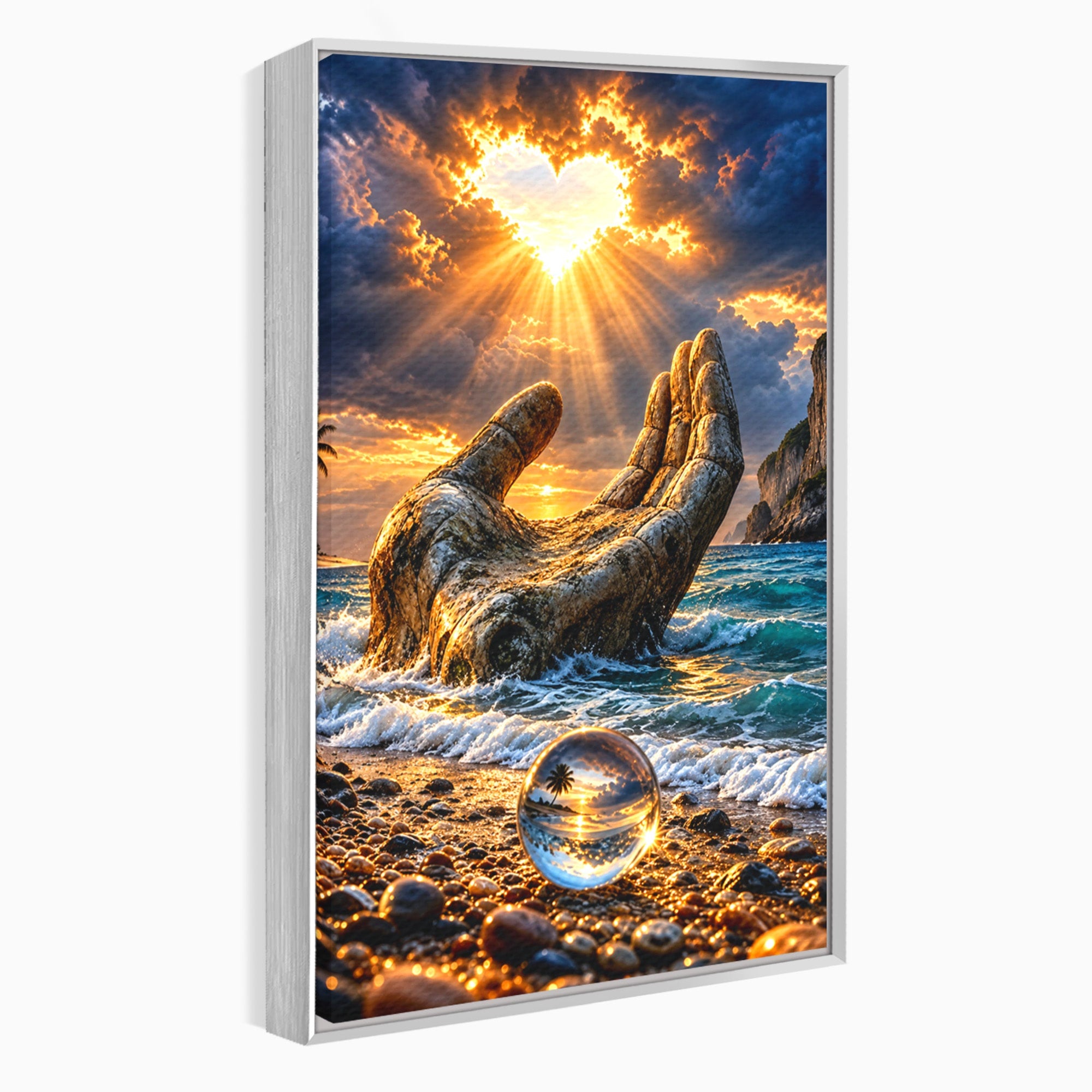 Tablou Canvas Premium LuxCanva® U1203, Mana Divina La Apus, Inima, Ocean, Natura, Mana, Apus, Living, Culori Vibrante