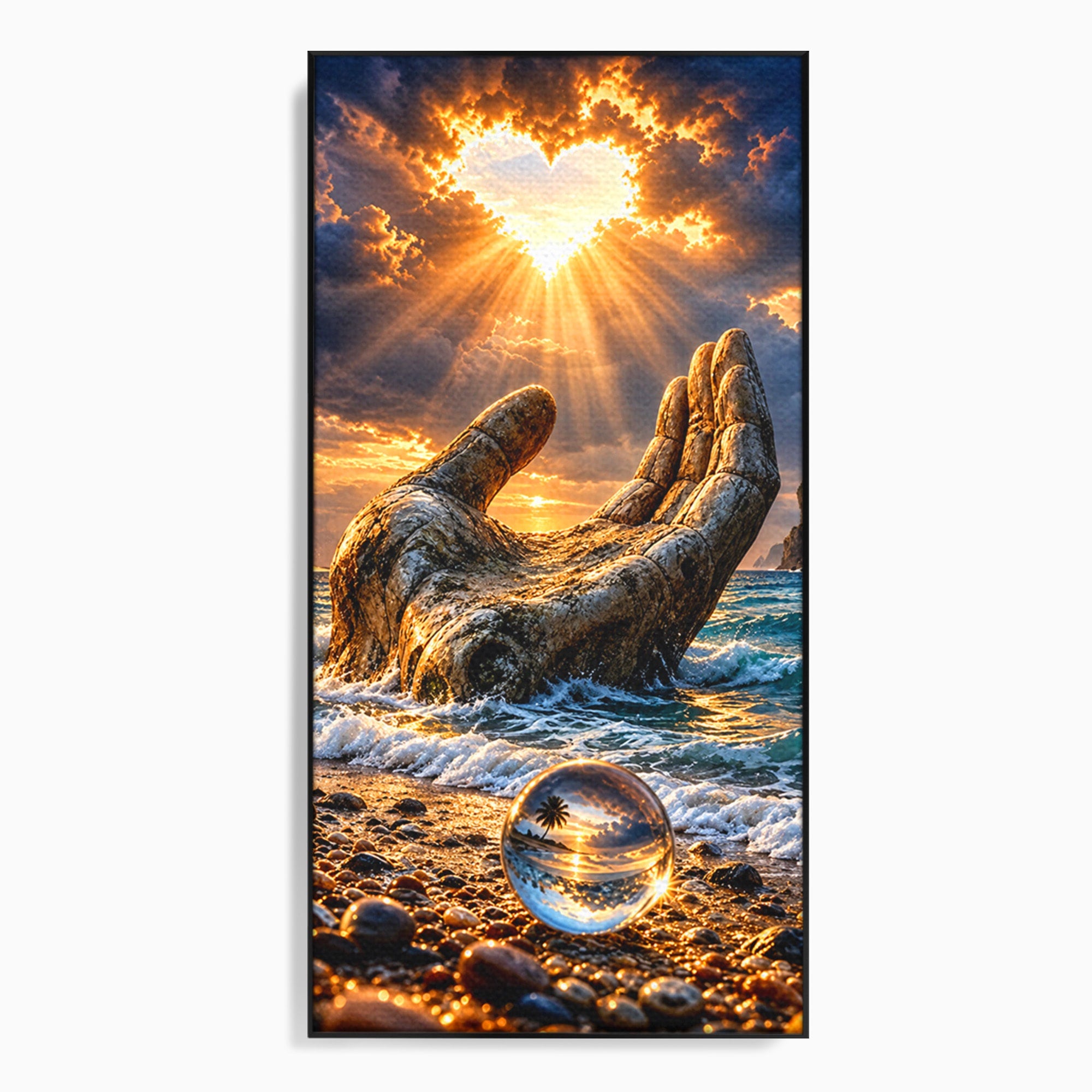 Tablou Canvas Premium LuxCanva® U1203, Mana Divina La Apus, Inima, Ocean, Natura, Mana, Apus, Living, Culori Vibrante