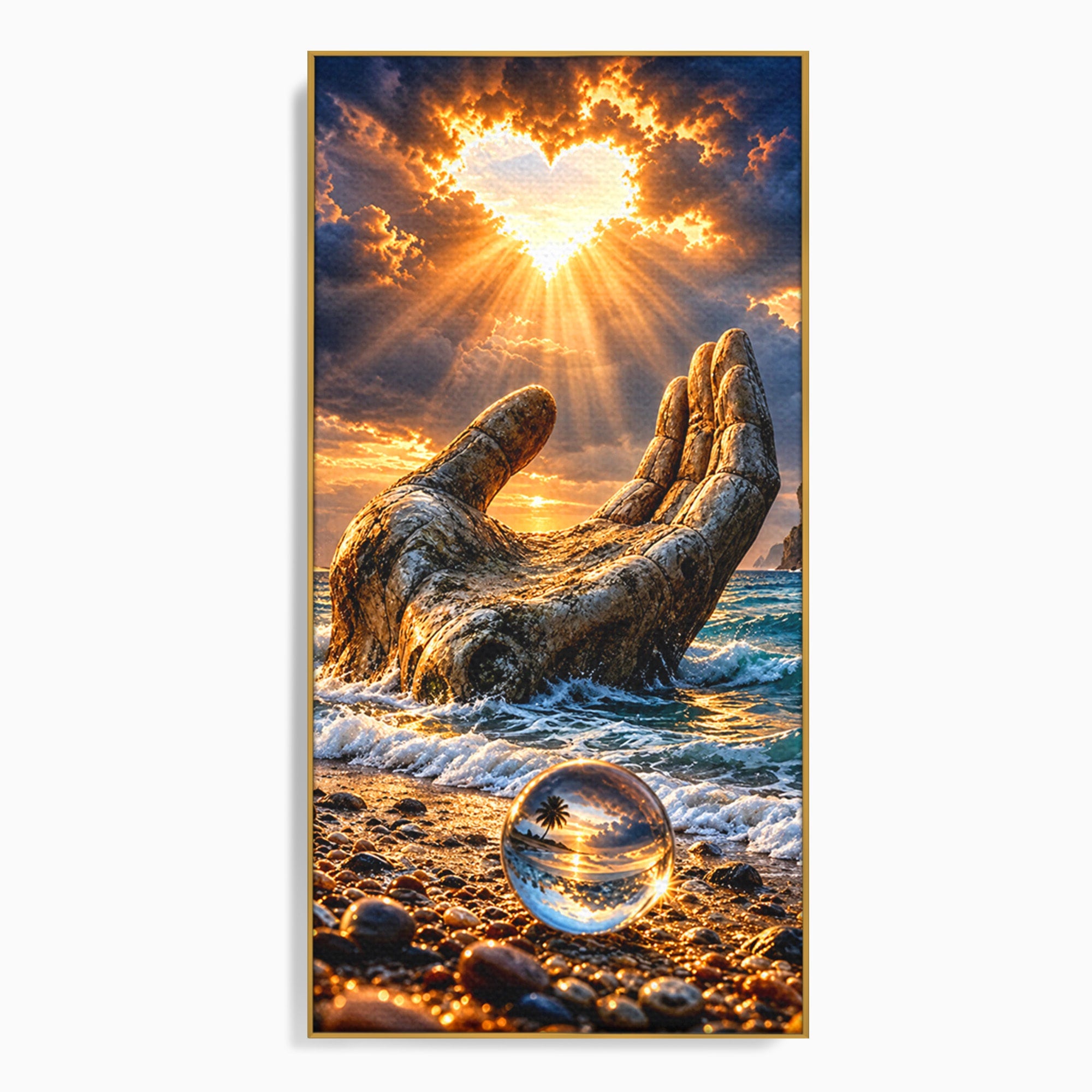 Tablou Canvas Premium LuxCanva® U1203, Mana Divina La Apus, Inima, Ocean, Natura, Mana, Apus, Living, Culori Vibrante