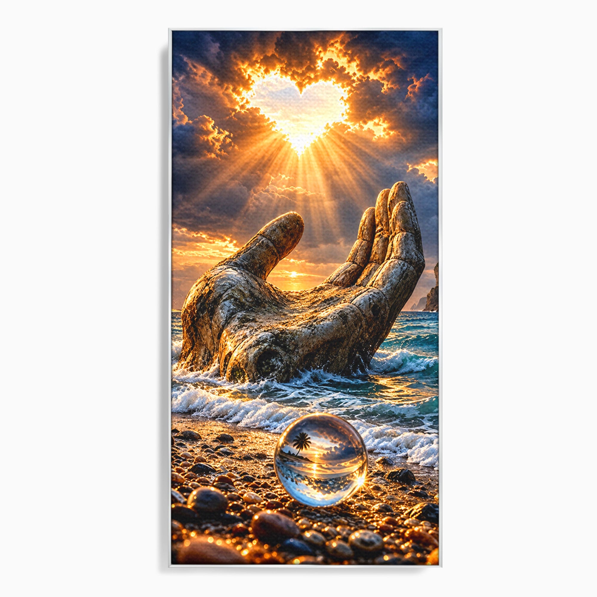 Tablou Canvas Premium LuxCanva® U1203, Mana Divina La Apus, Inima, Ocean, Natura, Mana, Apus, Living, Culori Vibrante