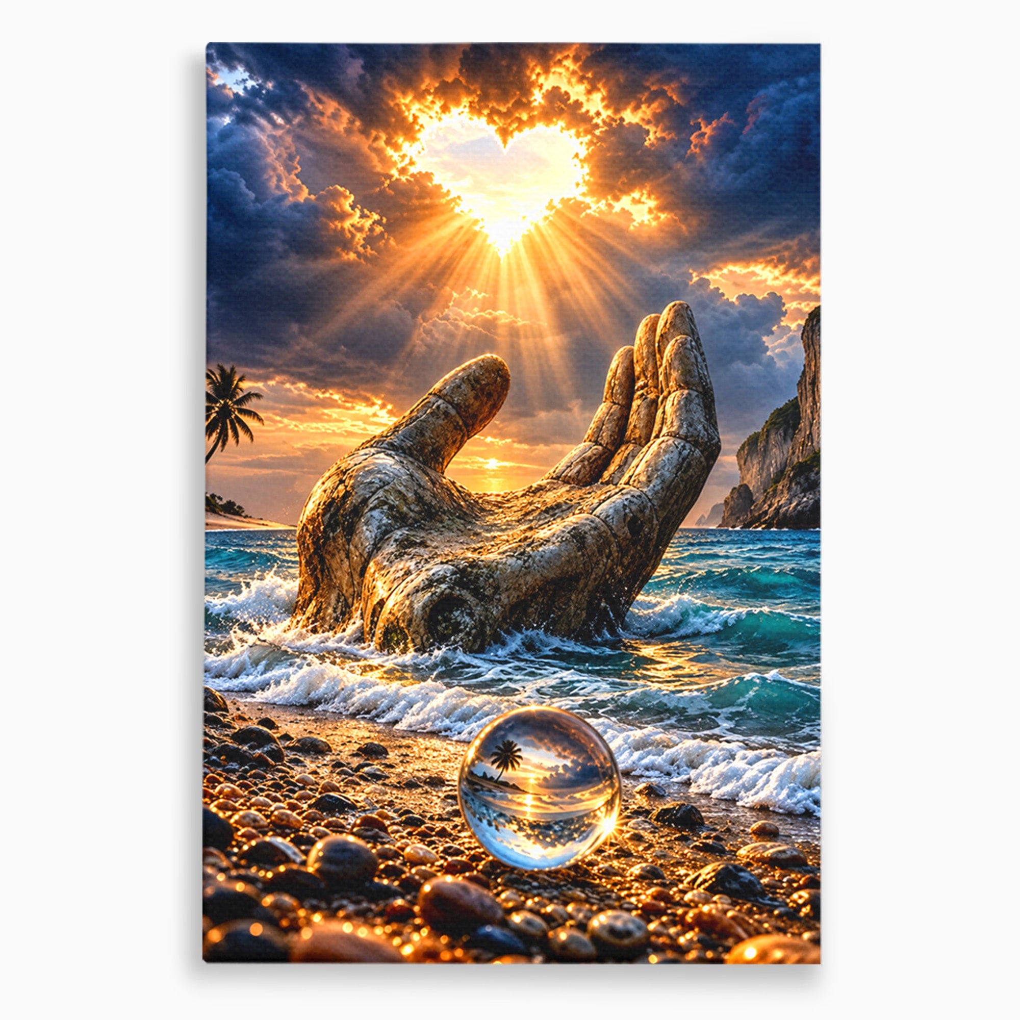 Tablou Canvas Premium LuxCanva® U1203, Mana Divina La Apus, Inima, Ocean, Natura, Mana, Apus, Living, Culori Vibrante