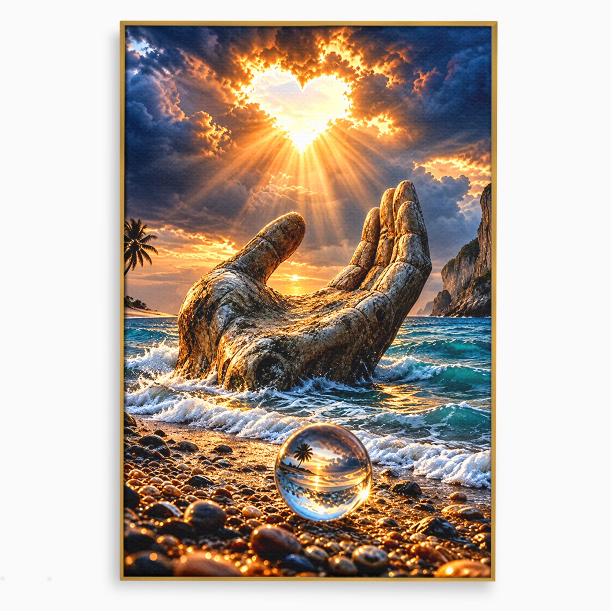 Tablou Canvas Premium LuxCanva® U1203, Mana Divina La Apus, Inima, Ocean, Natura, Mana, Apus, Living, Culori Vibrante