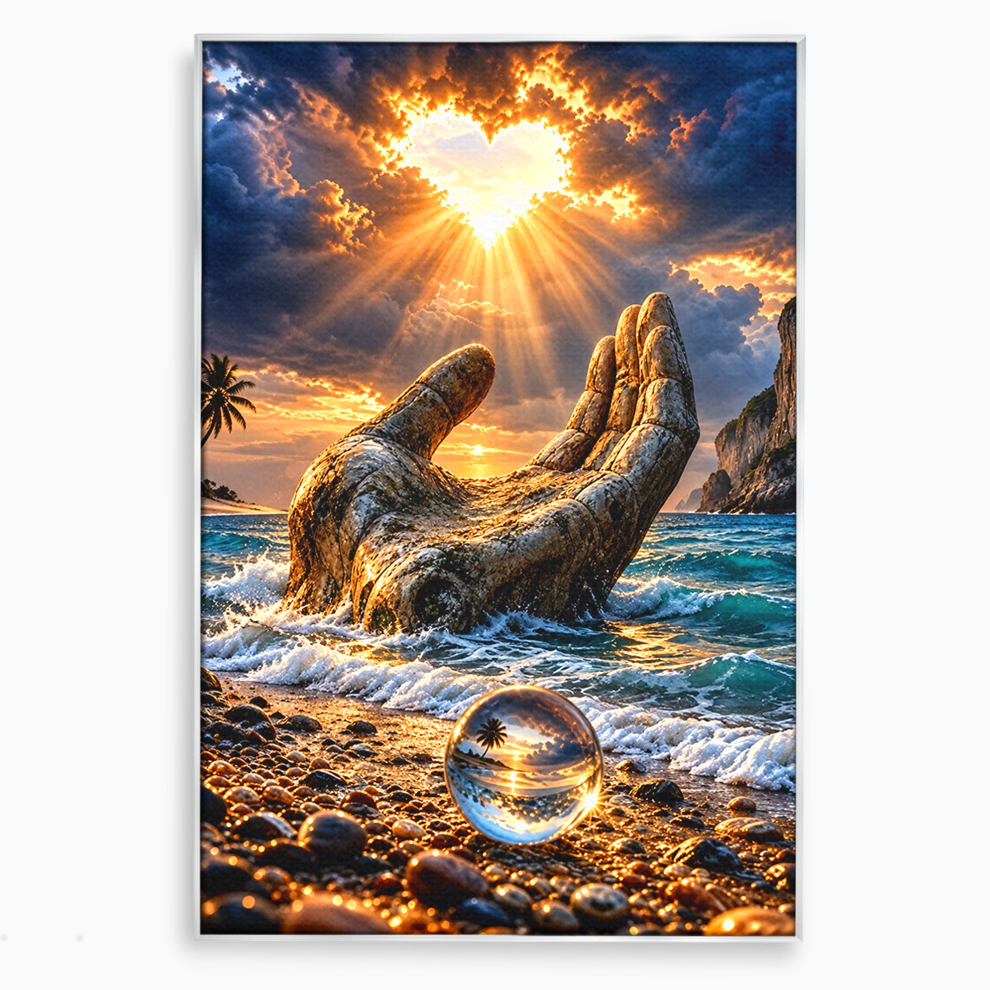 Tablou Canvas Premium LuxCanva® U1203, Mana Divina La Apus, Inima, Ocean, Natura, Mana, Apus, Living, Culori Vibrante