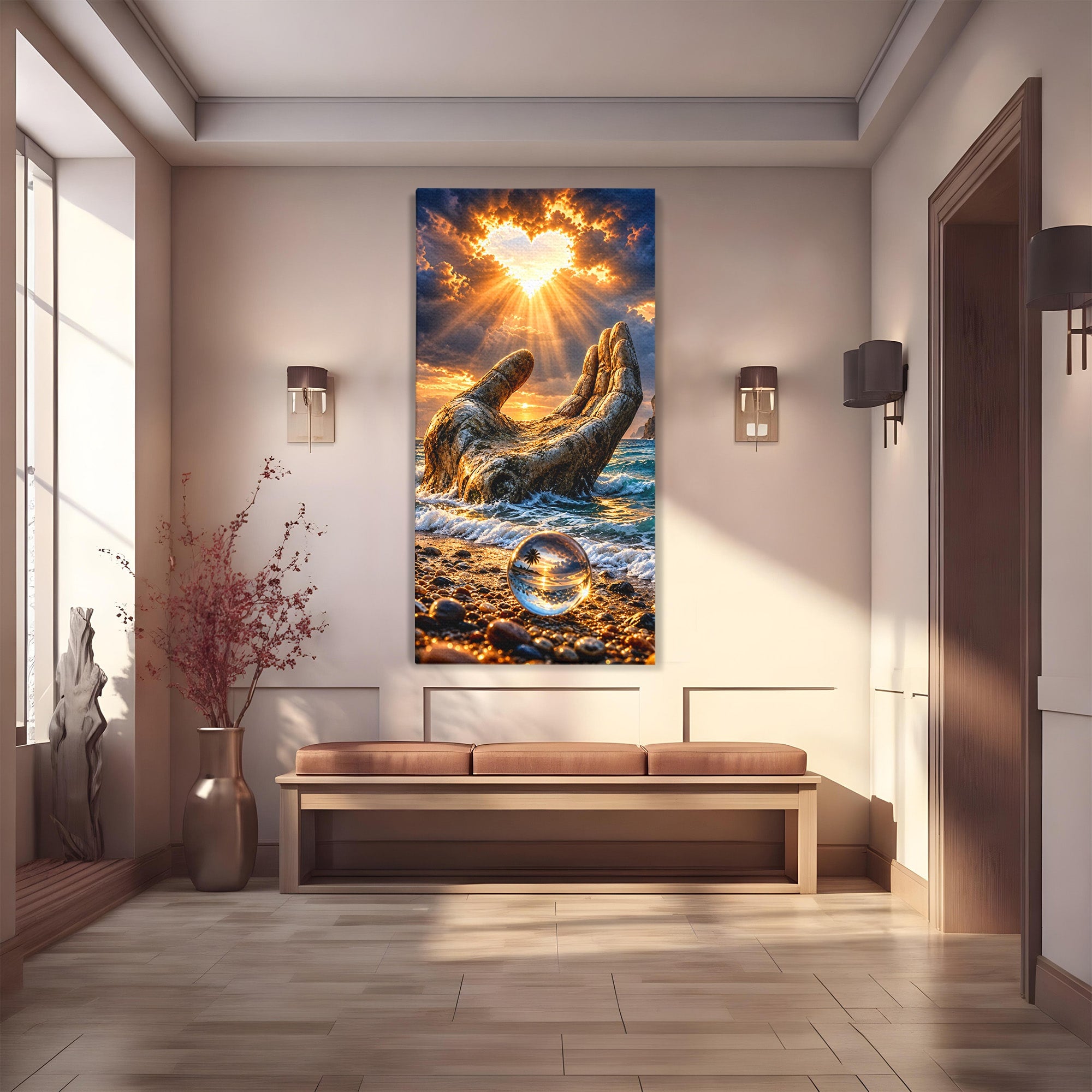 Tablou Canvas Premium LuxCanva® U1203, Mana Divina La Apus, Inima, Ocean, Natura, Mana, Apus, Living, Culori Vibrante
