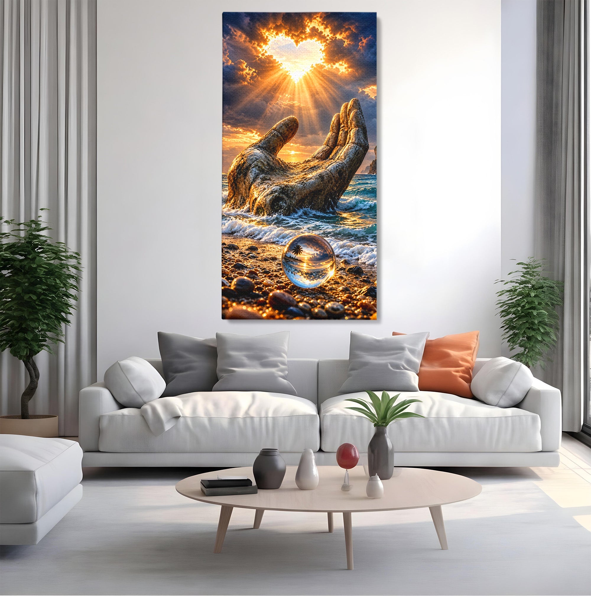 Tablou Canvas Premium LuxCanva® U1203, Mana Divina La Apus, Inima, Ocean, Natura, Mana, Apus, Living, Culori Vibrante