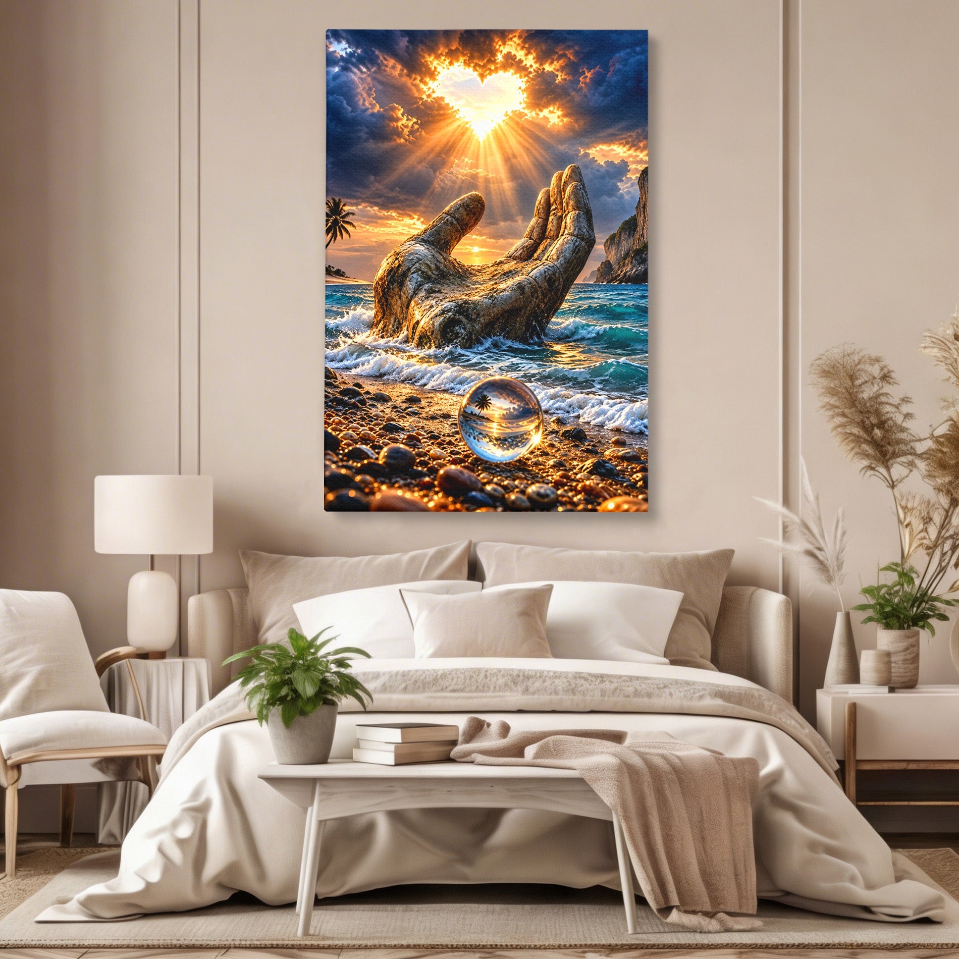 Tablou Canvas Premium LuxCanva® U1203, Mana Divina La Apus, Inima, Ocean, Natura, Mana, Apus, Living, Culori Vibrante