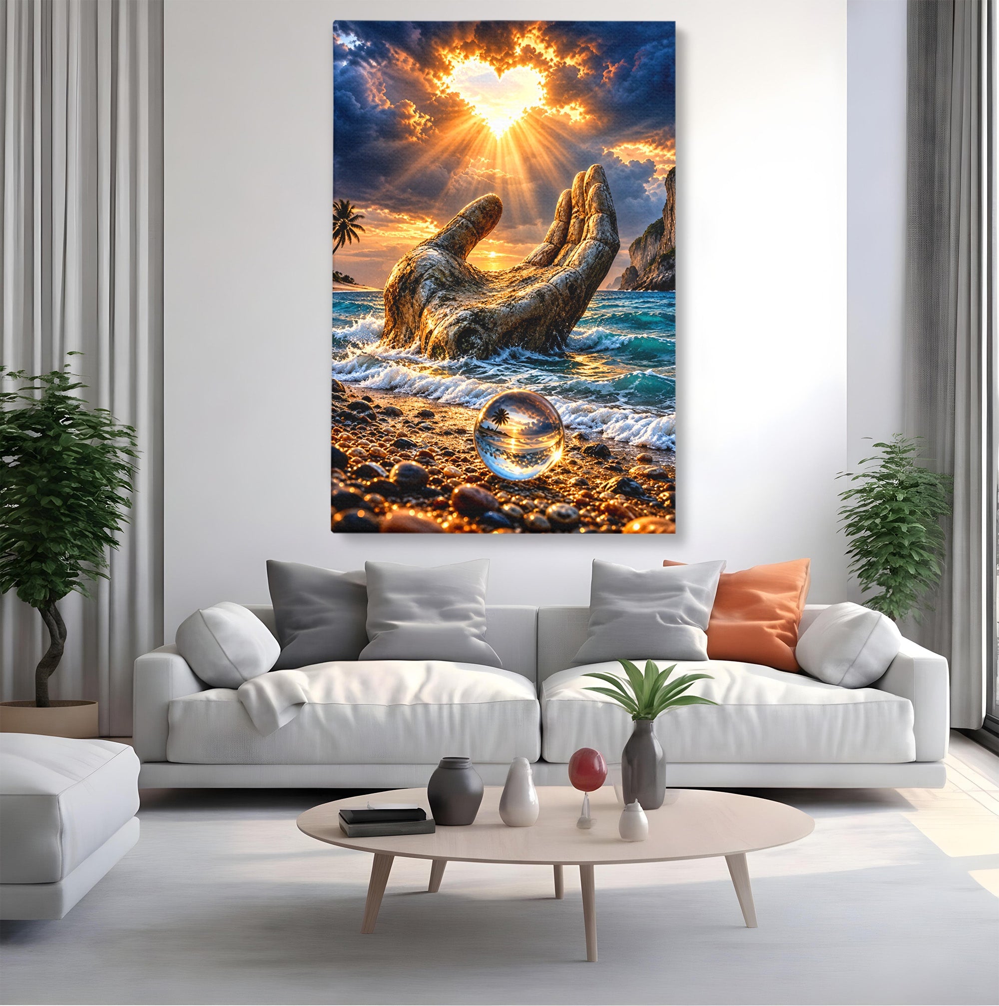 Tablou Canvas Premium LuxCanva® U1203, Mana Divina La Apus, Inima, Ocean, Natura, Mana, Apus, Living, Culori Vibrante
