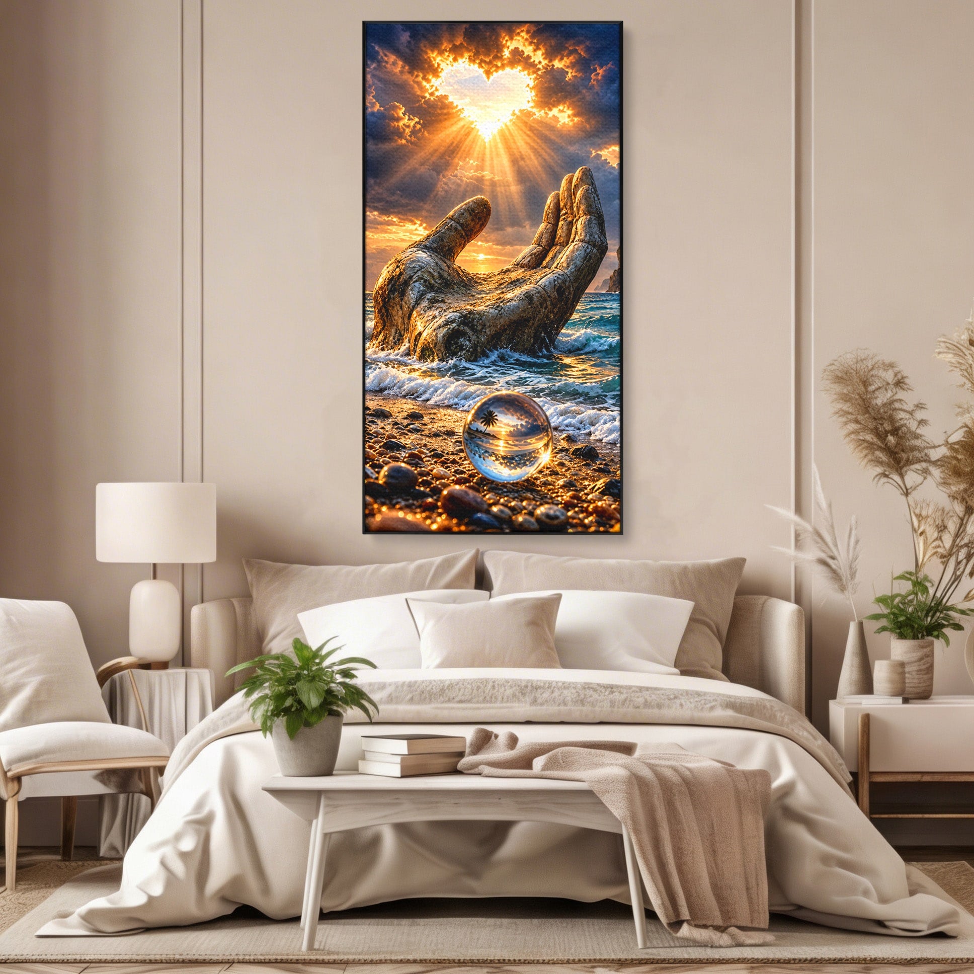 Tablou Canvas Premium LuxCanva® U1203, Mana Divina La Apus, Inima, Ocean, Natura, Mana, Apus, Living, Culori Vibrante