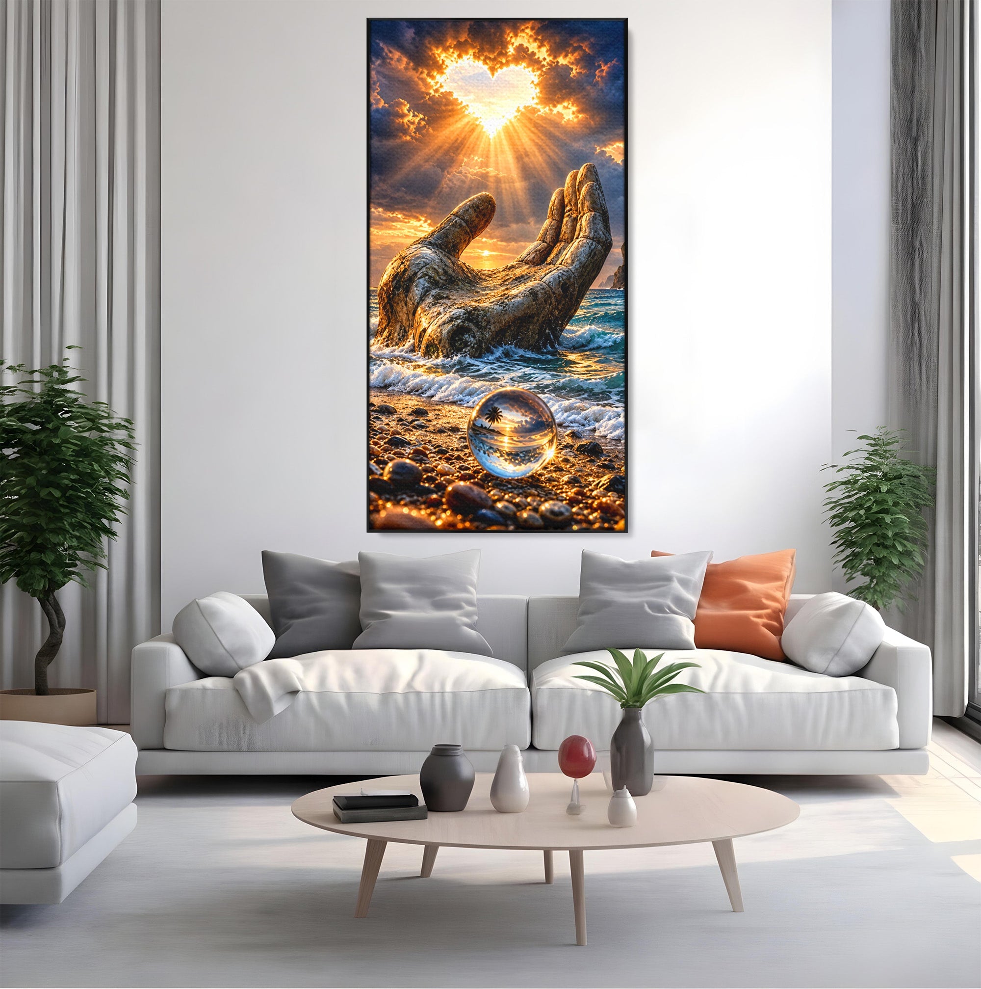 Tablou Canvas Premium LuxCanva® U1203, Mana Divina La Apus, Inima, Ocean, Natura, Mana, Apus, Living, Culori Vibrante