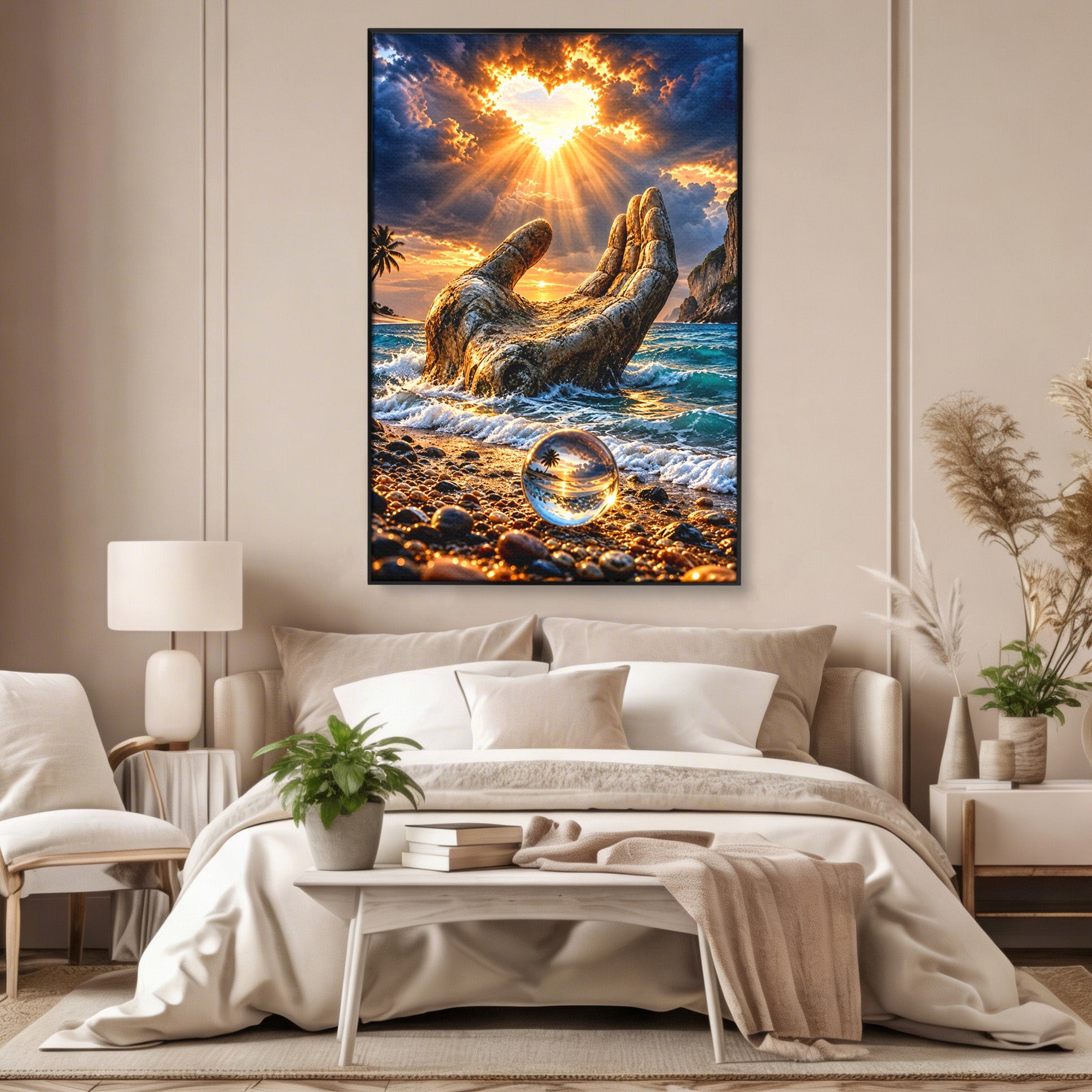Tablou Canvas Premium LuxCanva® U1203, Mana Divina La Apus, Inima, Ocean, Natura, Mana, Apus, Living, Culori Vibrante